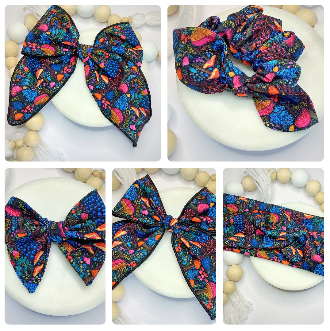 Embroidered-Look Rainbow Mushrooms Bow Strip, Headband and Scrunchie Collection