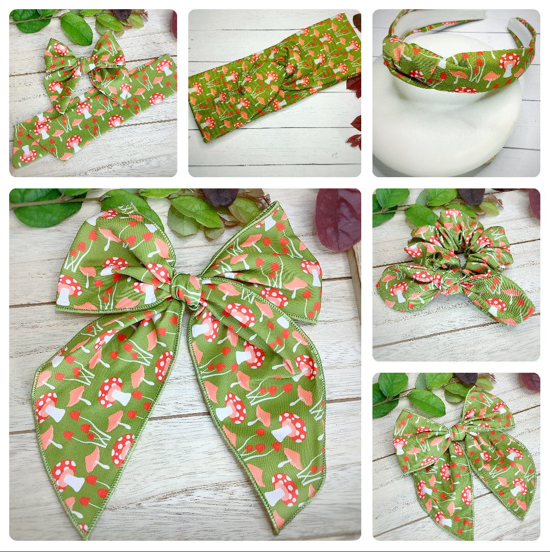 Merry Cottage Mushrooms Bow Strip, Headband and Scrunchie Collection