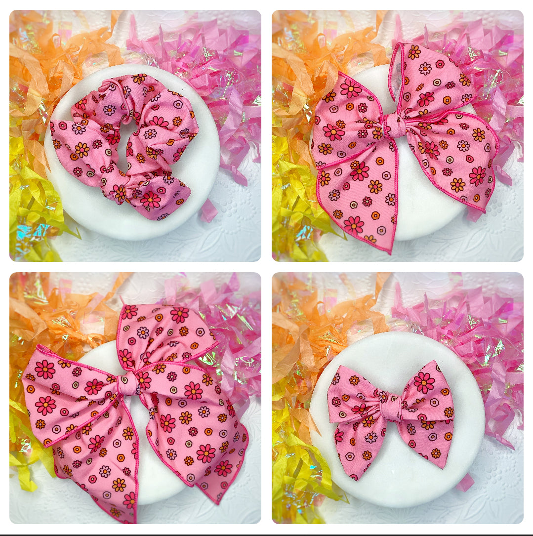 Bright Pink Daisies Bow Strip, Headband and Scrunchie Collection