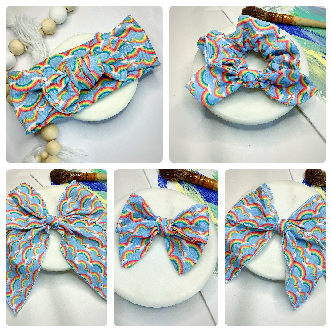 Sky Blue Rainbow Bow Strip, Baby Headwrap and Scrunchie Collection