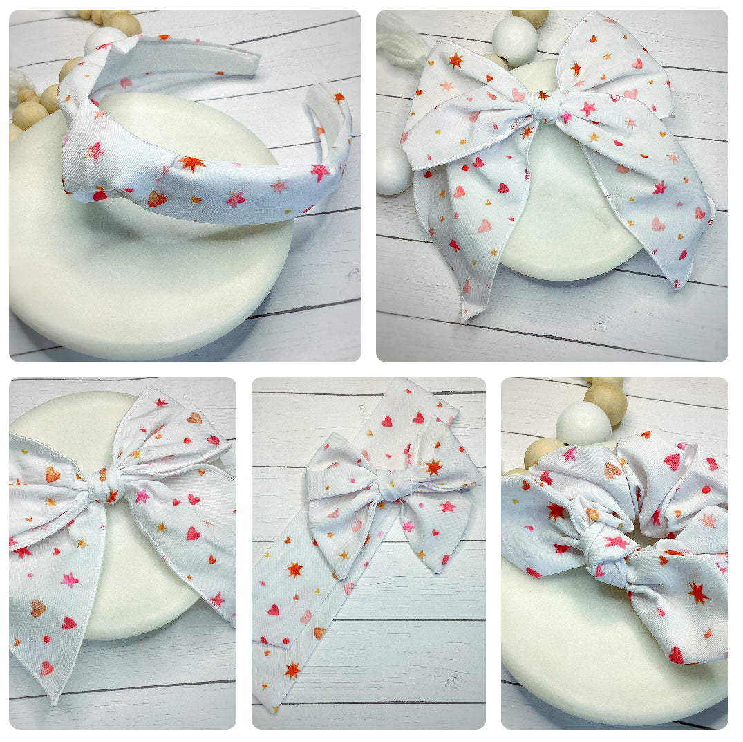 Watercolor Stars and Hearts Bow Strip, Headband and Scrunchie Collection
