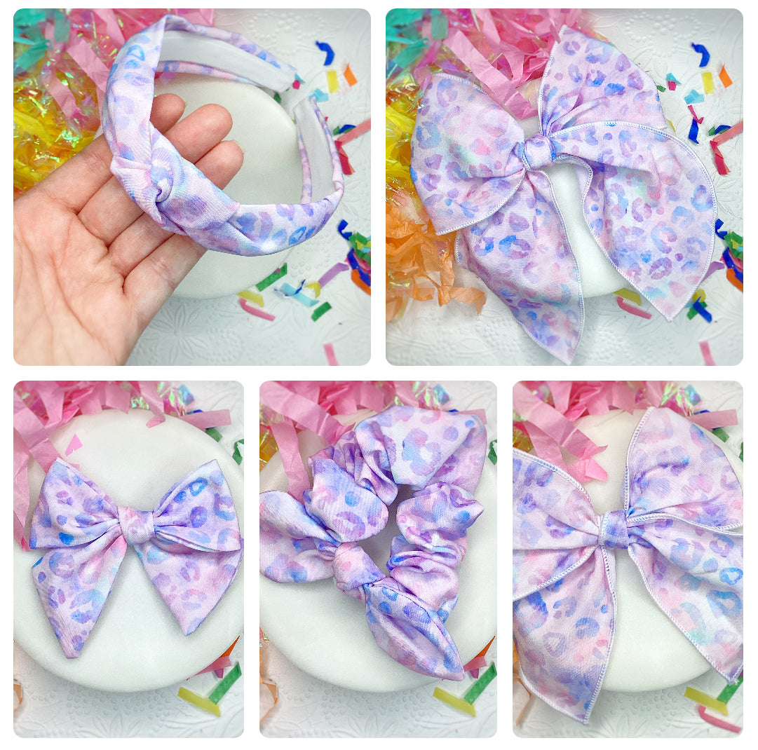 Pastel Purple Leopard Bow Strip, Headband and Scrunchie Collection