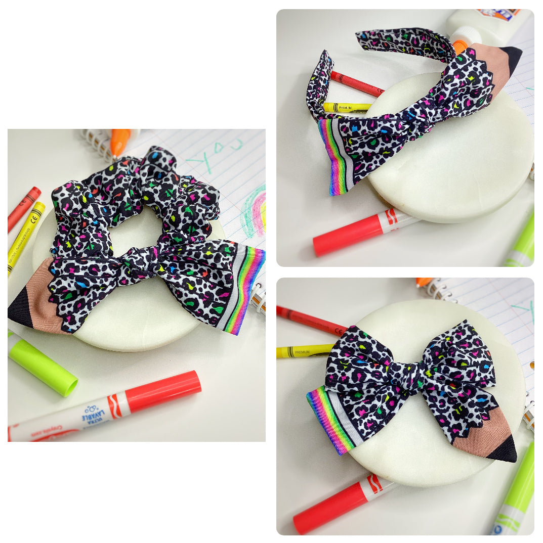 Rainbow Cheetah Pencil Bow Strip, Headband and Scrunchie Collection