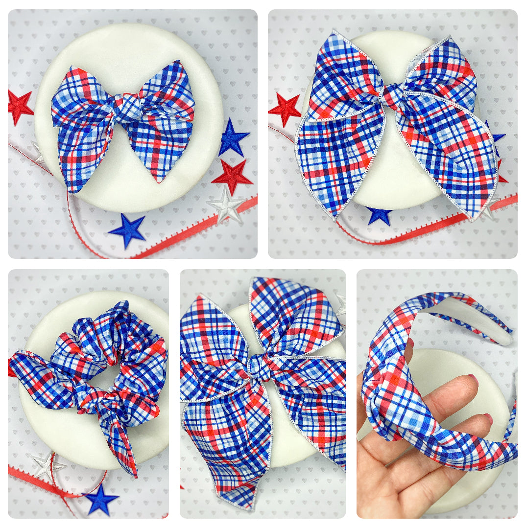 Patriotic Plaid Bow Strip, Headband and Scrunchie Collection