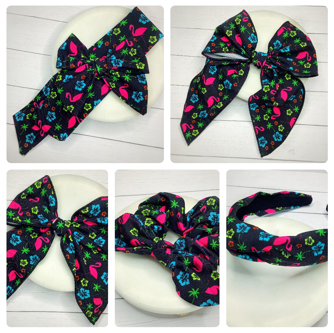 Neon Lights Flamingo Bow Strip and Scrunchie Collection