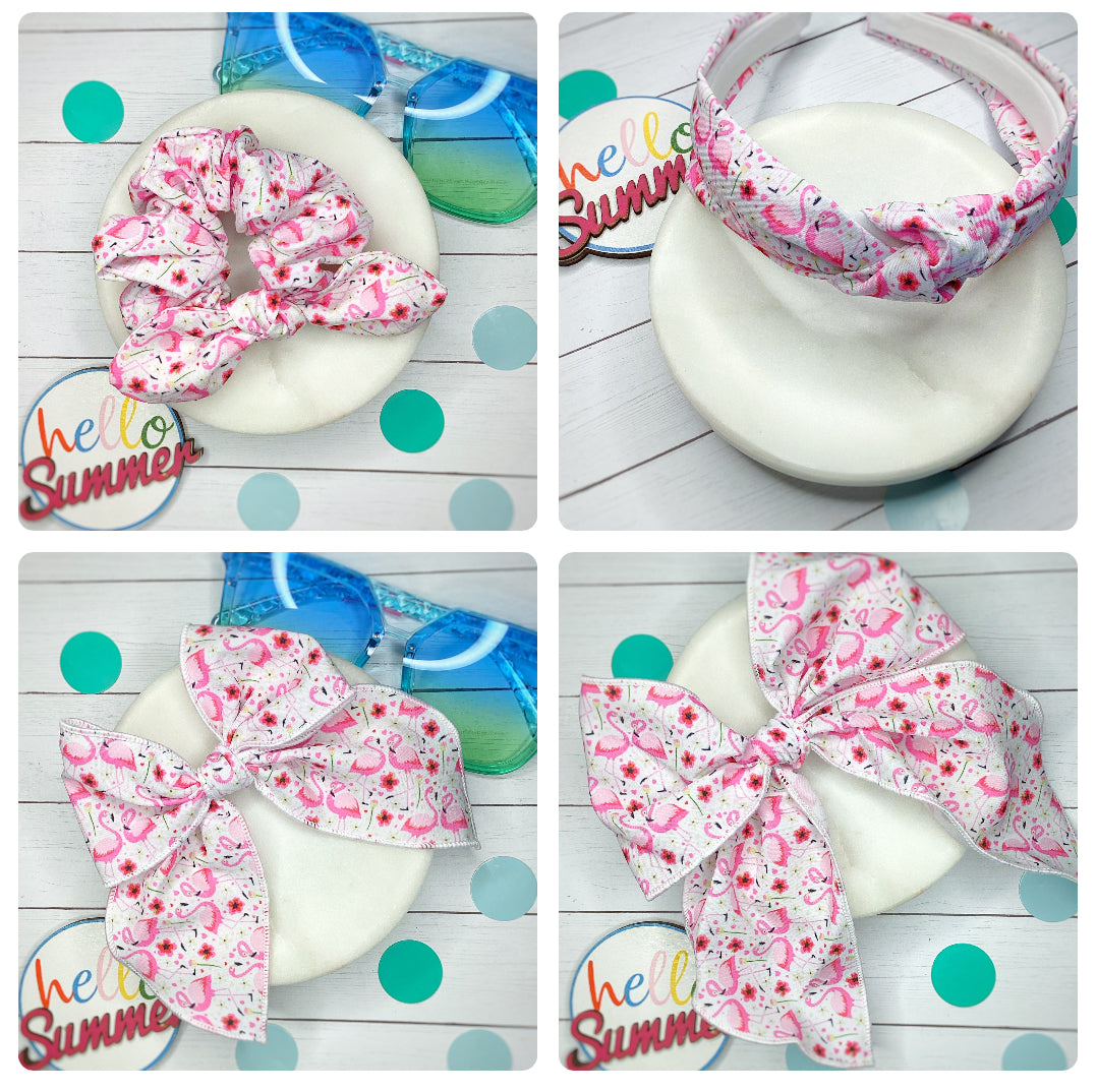 Pink Flamingo Bow Strip, Headband and Scrunchie Collection