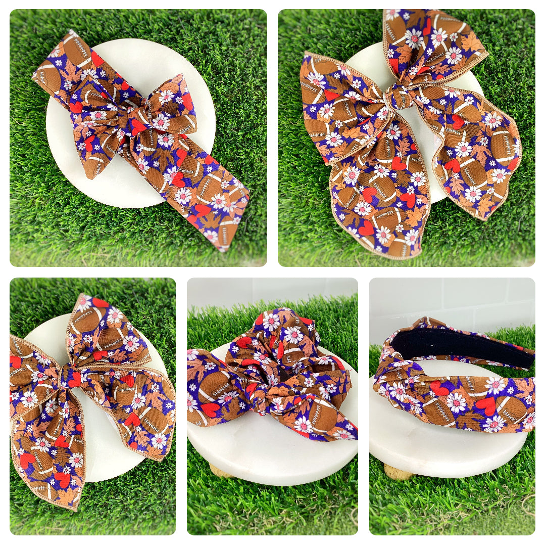 Navy with Red Hearts Football Bow Strip, Headband and Scrunchie Collection