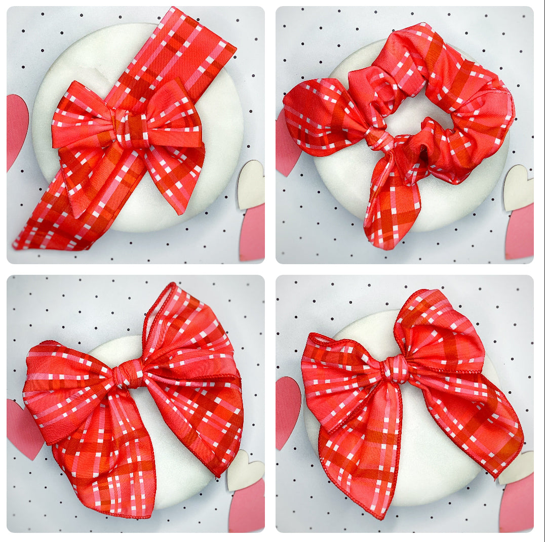 Valentine Plaid Bow Strip and Scrunchie Collection