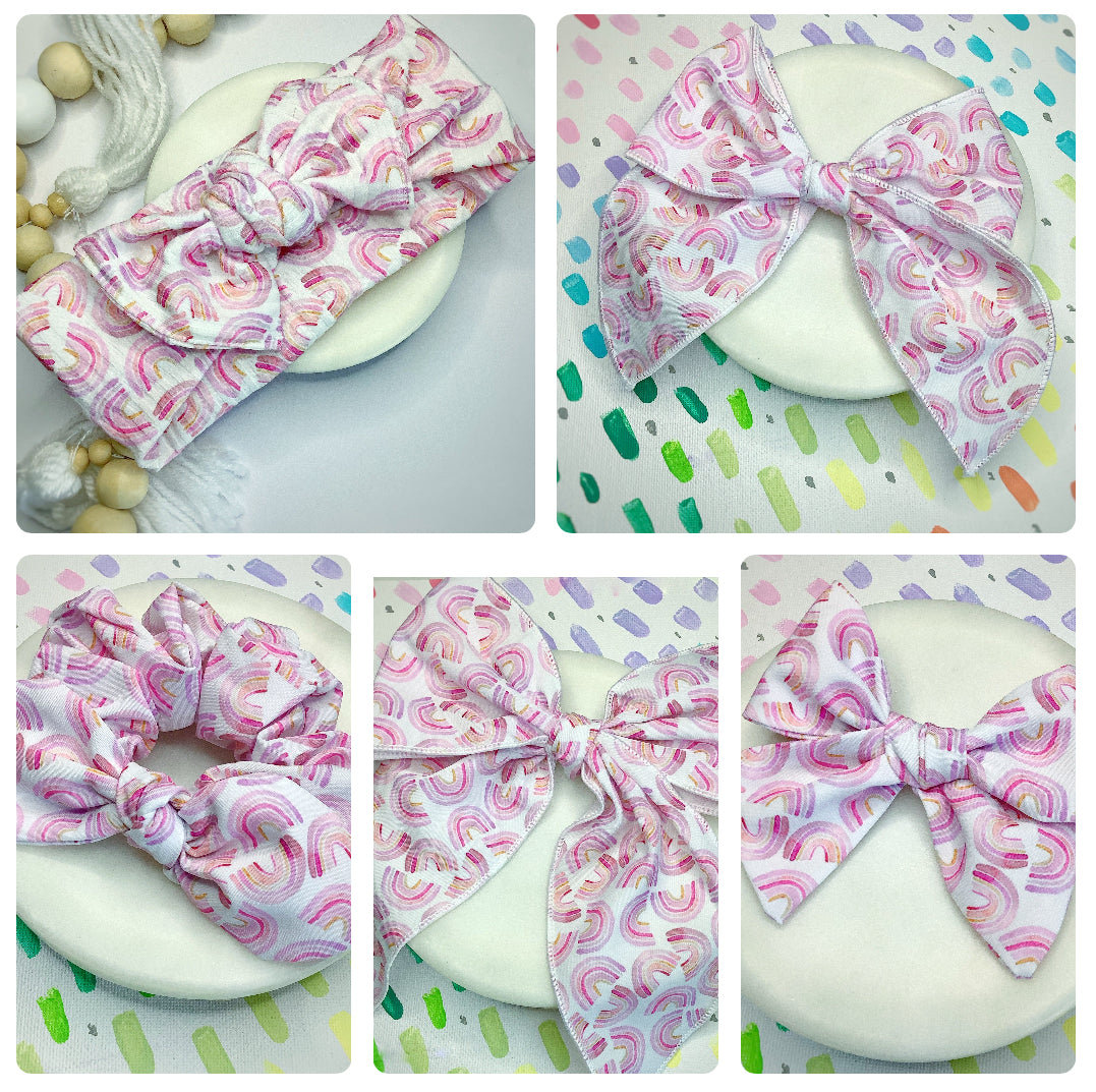 Pink Rainbow Bow Strip, Baby Headwrap and Scrunchie Collection