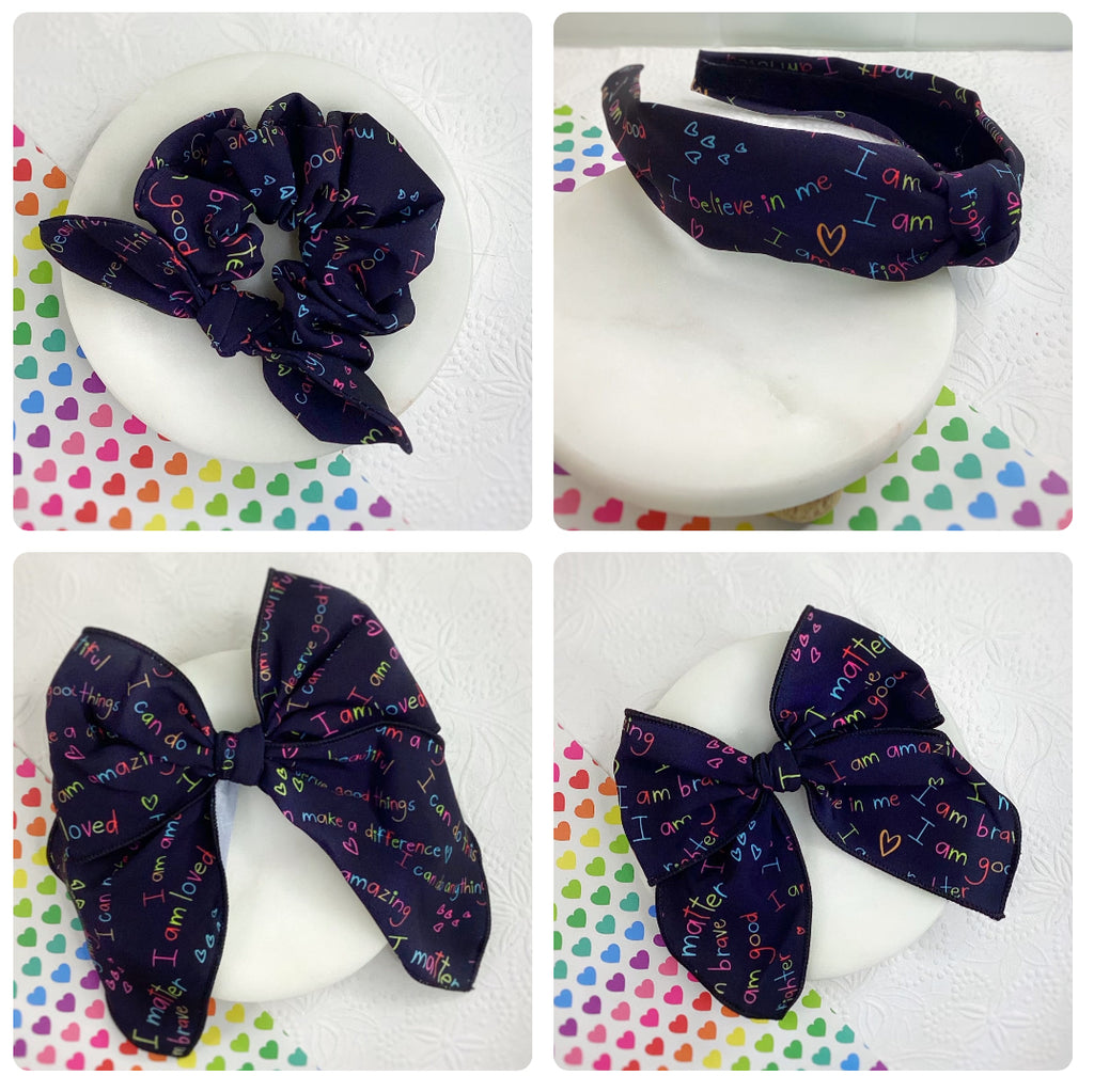 I am Loved Bow Strip, Headband and Scrunchie Collection