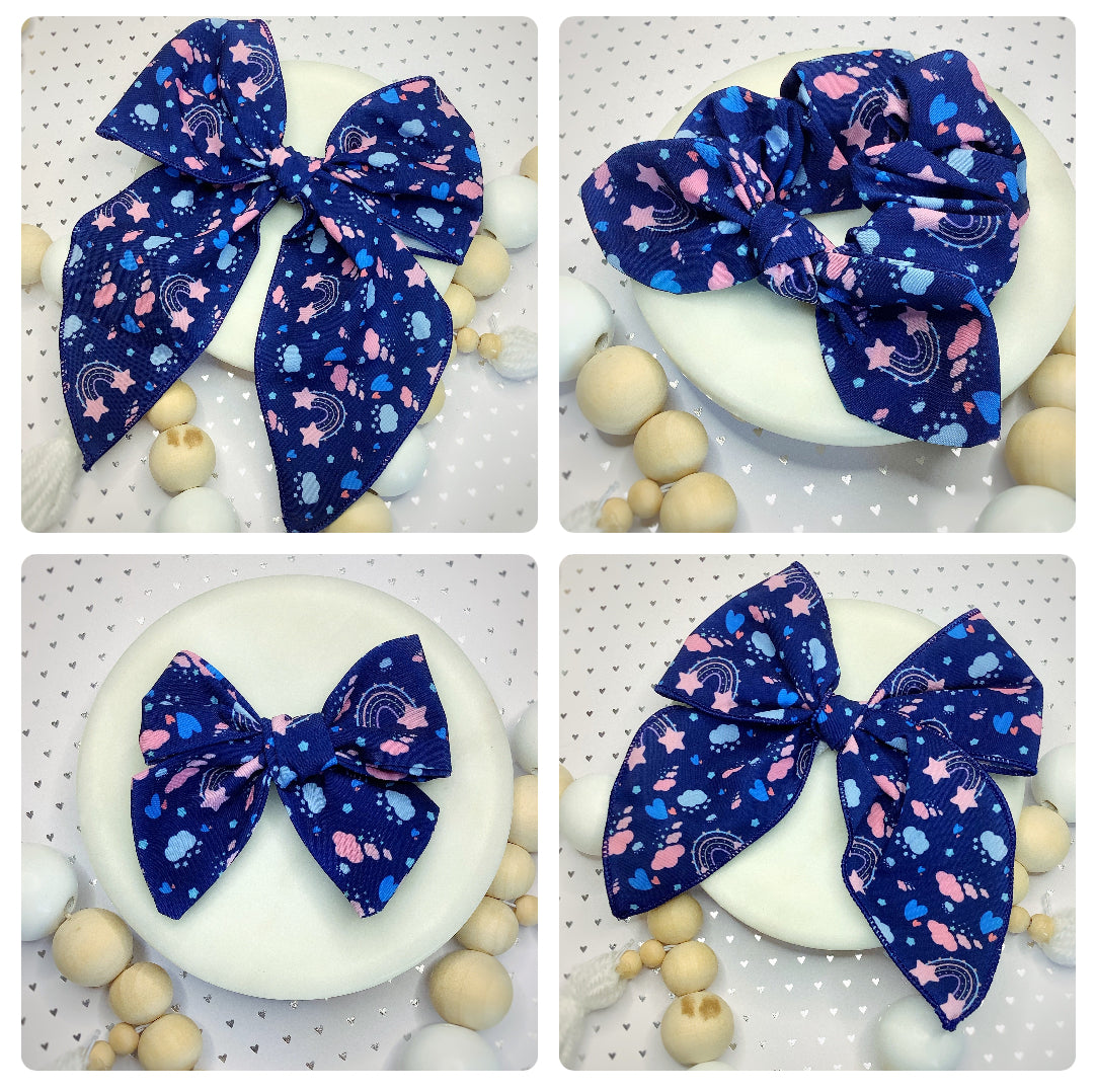 Navy Doodles Rainbows Bow Strip and Scrunchie Collection