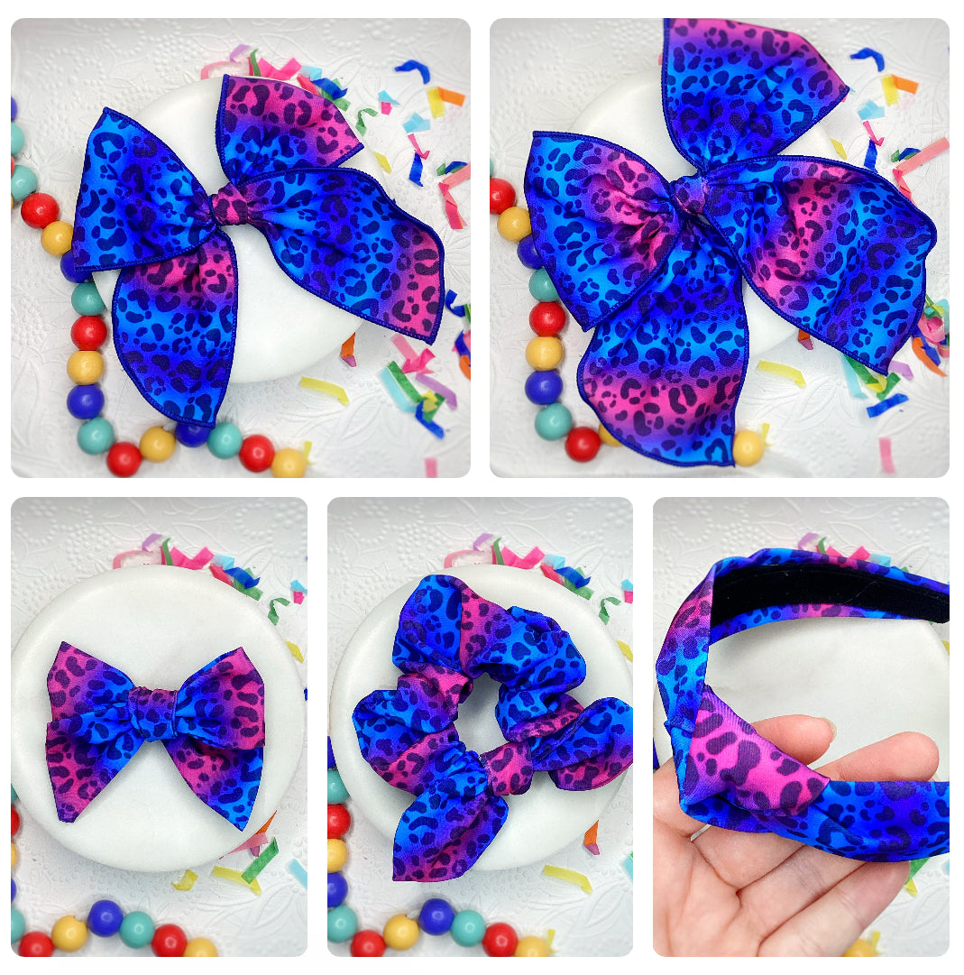 Blues/Purples Leopard Bow Strip, Headband and Scrunchie Collection