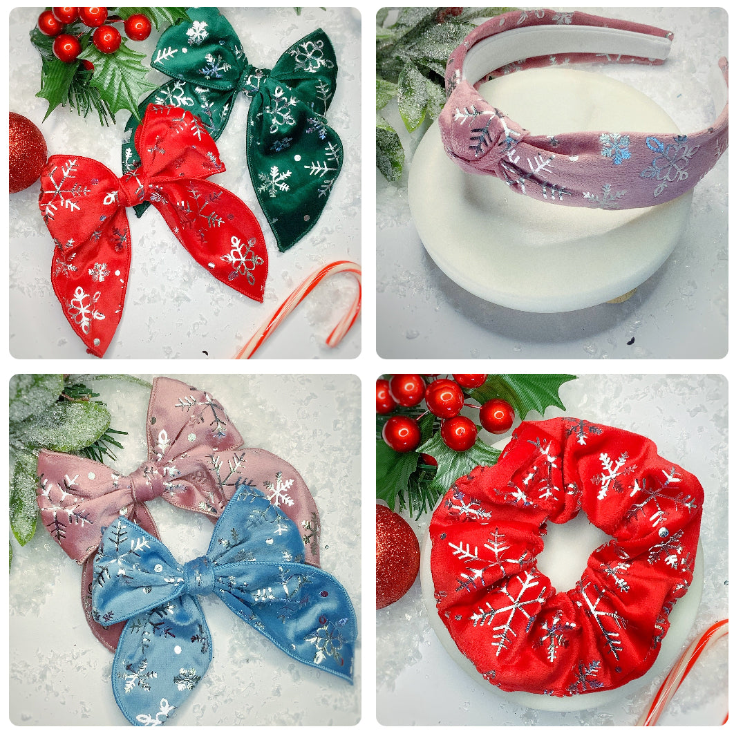 Sparkly Foil Snowflake Bow Strip, Headband and Scrunchie Collection