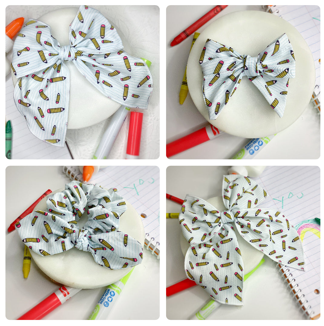 Pencils and Notebook Lines Bow Strip and Scrunchie Collection