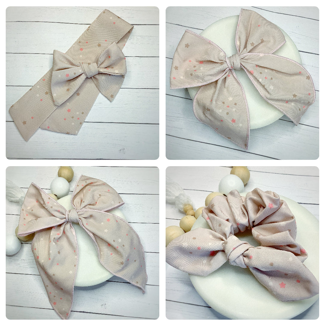 Taupe Stars Bow Strip and Scrunchie Collection