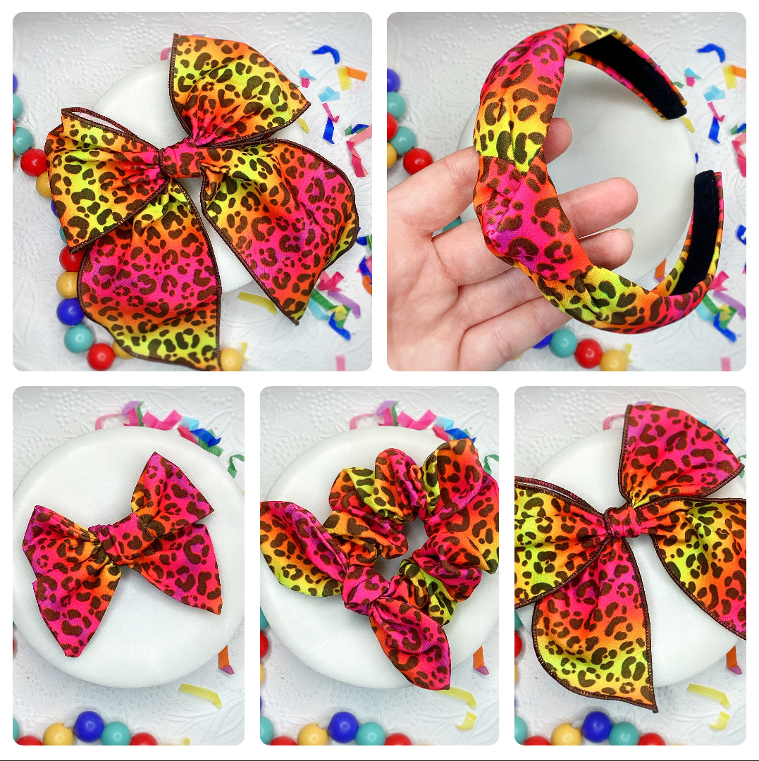 Pink/Yellow Leopard Bow Strip, Headband and Scrunchie Collection