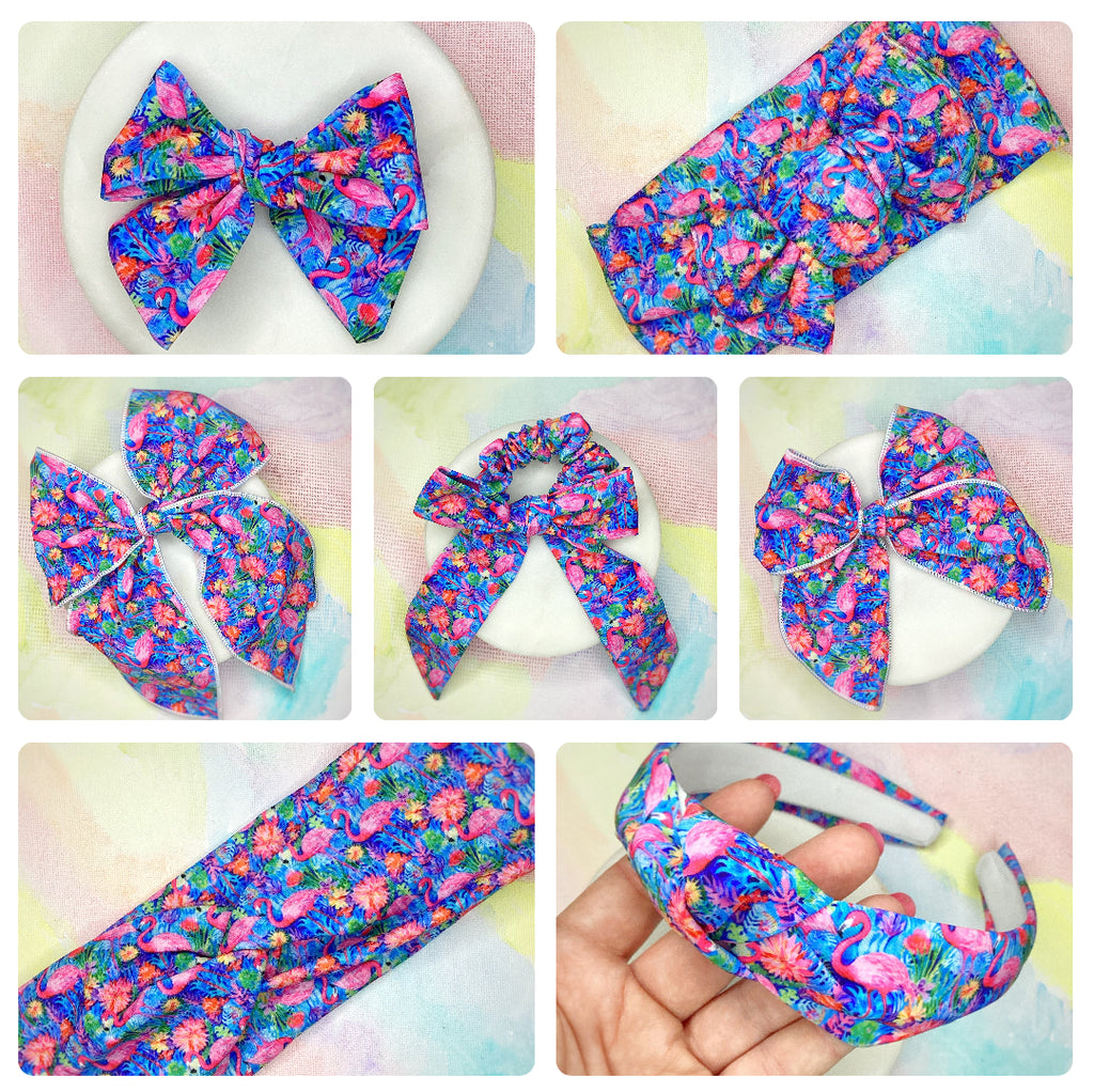 Colorful Flamingos Bow Strip, Headband, Baby Headwrap and Scrunchie Collection