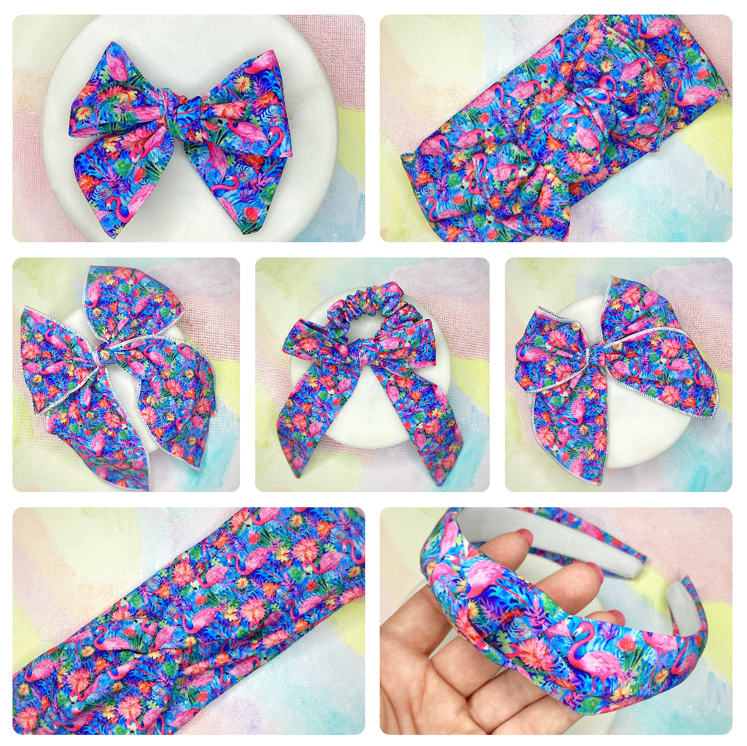 Colorful Flamingos Bow Strip, Headband, Baby Headwrap and Scrunchie Collection