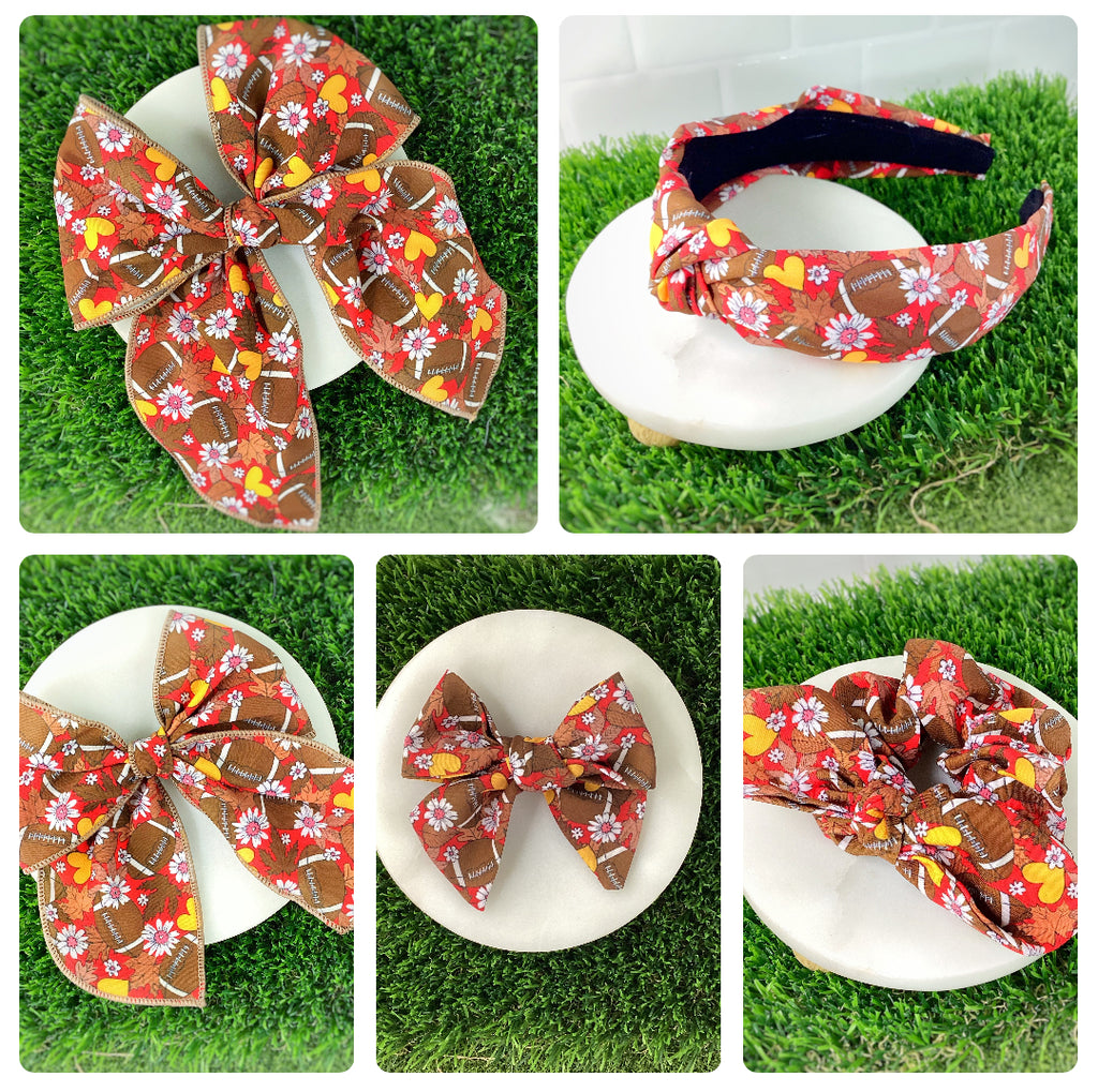 Red and Yellow Football Bow Strip, Headband and Scrunchie Collection