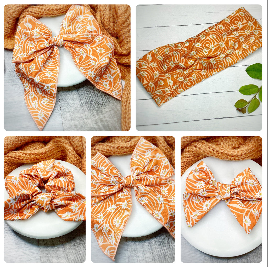 Groovy Rust Daisies Bow Strip, Headband and Scrunchie Collection