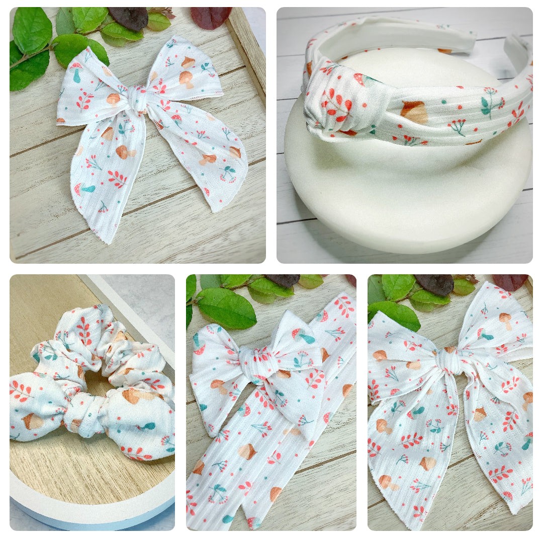 Cottagecore Mushrooms Bow Strip, Headband and Scrunchie Collection