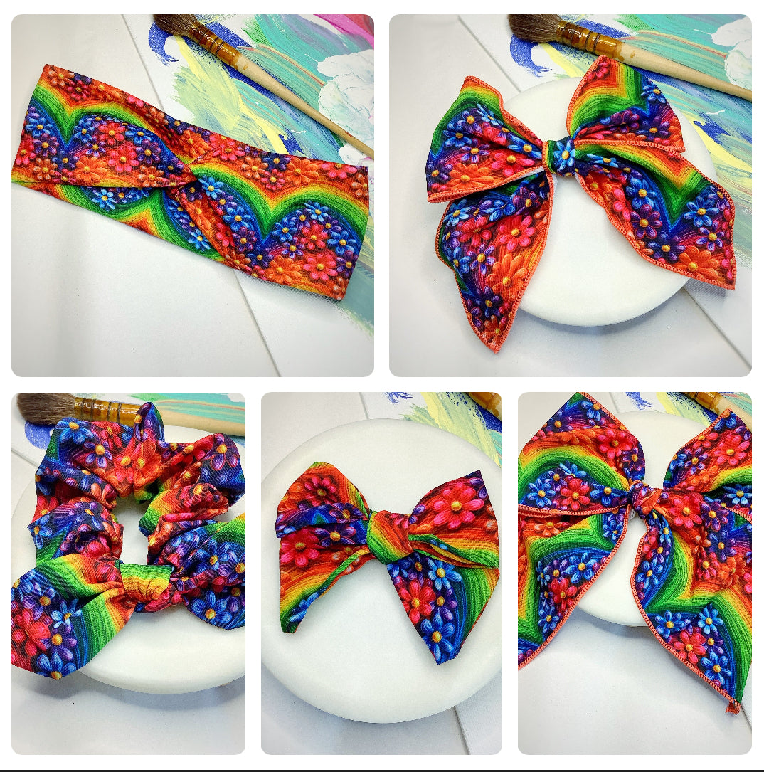 Embroidered-Look Floral Rainbows Bow Strip, Headband and Scrunchie Collection