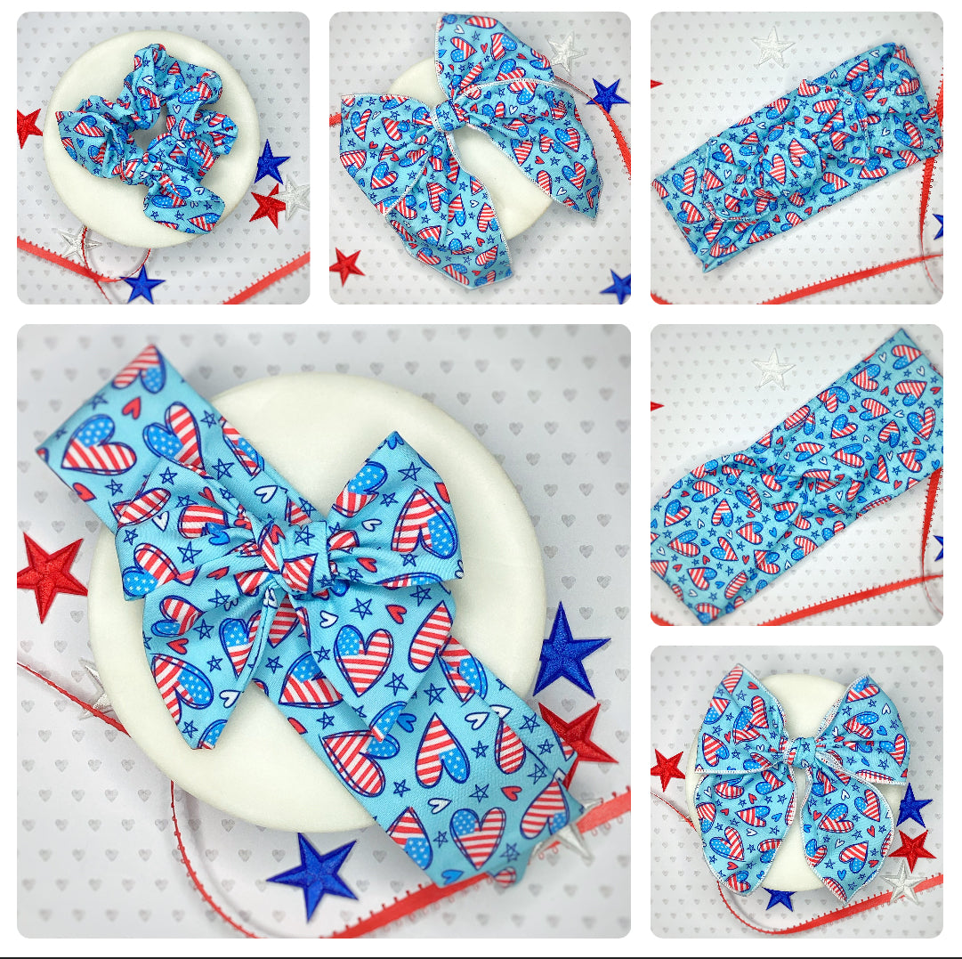 Patriotic Hearts Bow Strip, Baby Headwrap, Headband and Scrunchie Collection