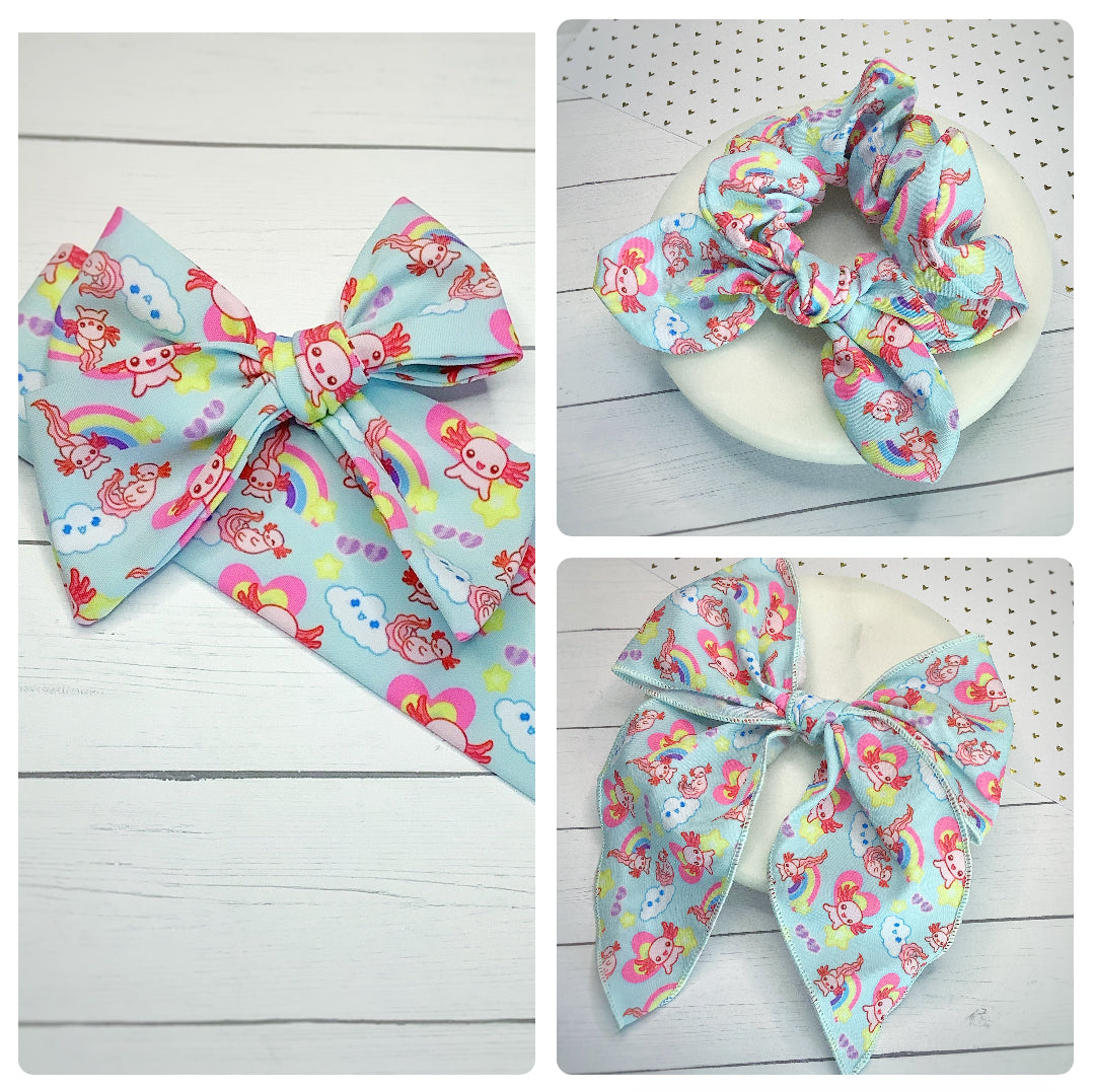 Adorable Axolotl Bow Strip and Scrunchie Collection