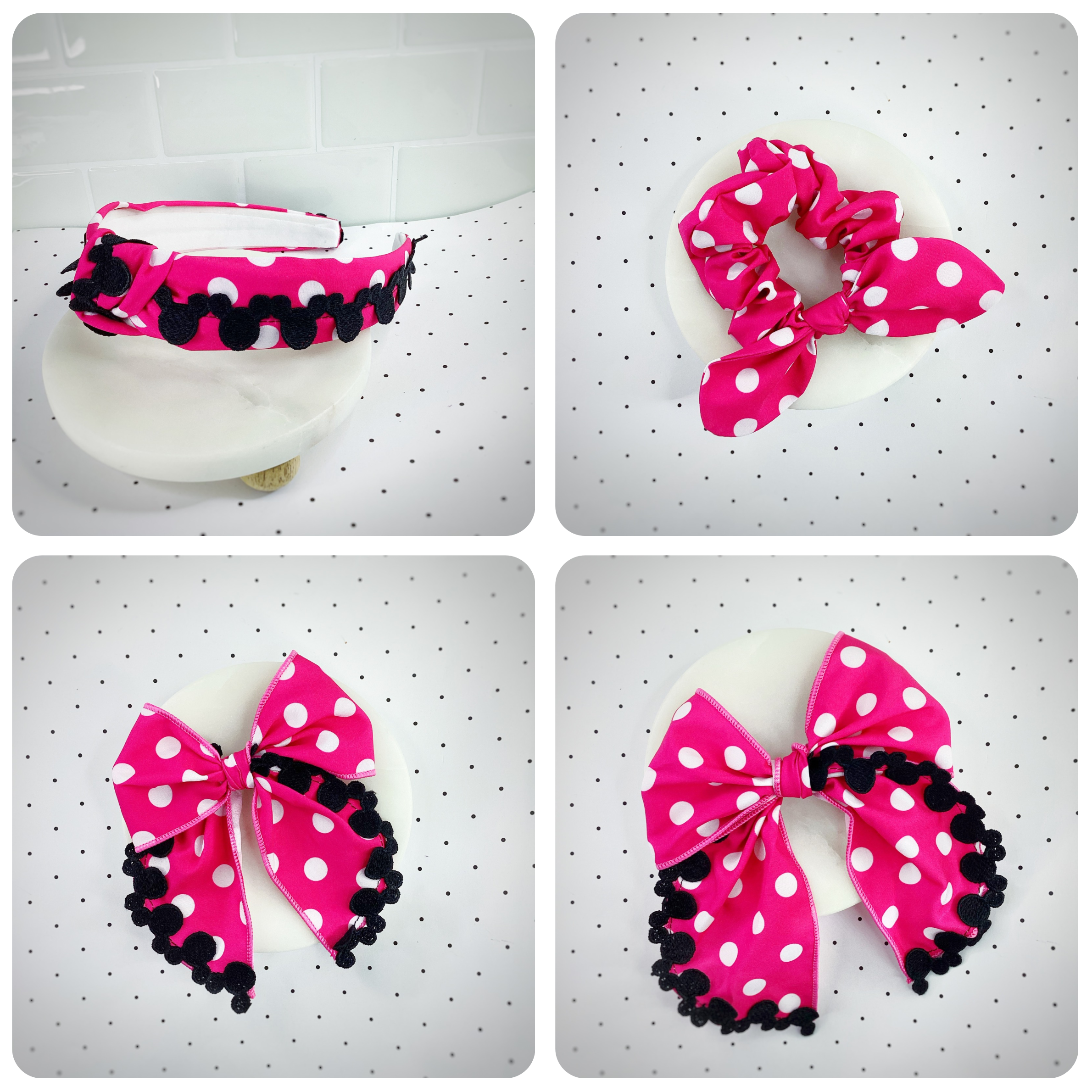 Pink Polka Dot Mouse Bow Strip, Headband and Scrunchie Collection