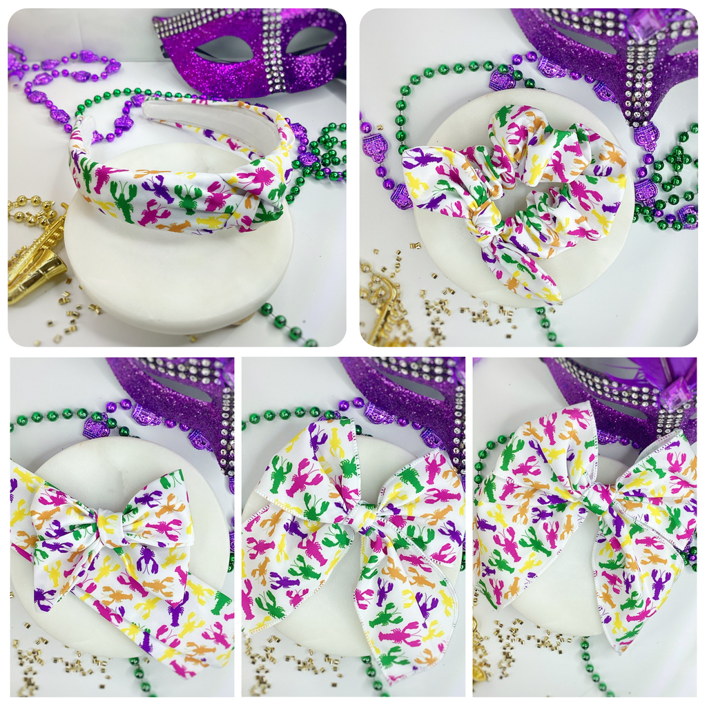 Crawfish Mardi Gras Bow Strip, Headband and Scrunchie Collection