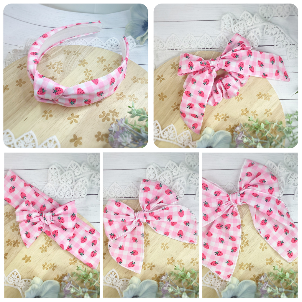 Strawberry Gingham Bow Strip, Headband and Scrunchie Collection