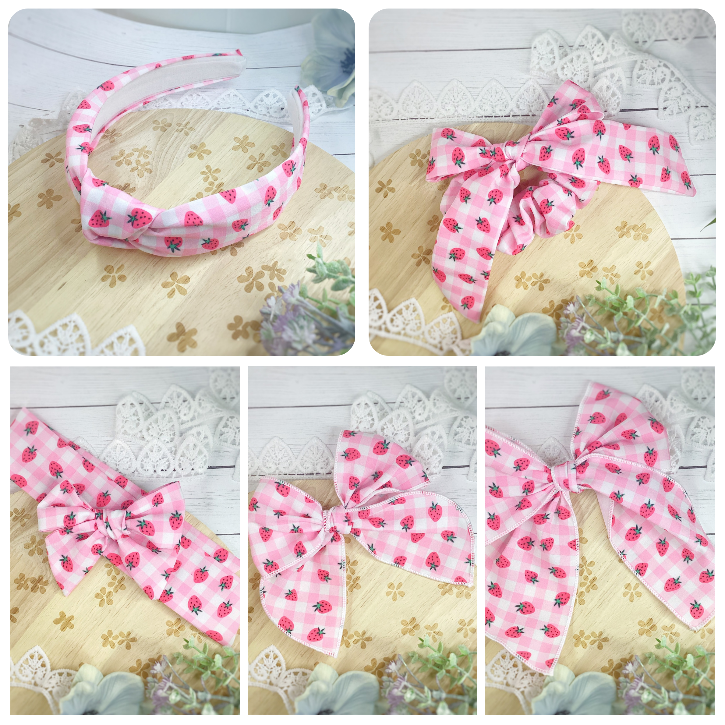 Strawberry Gingham Bow Strip, Headband and Scrunchie Collection