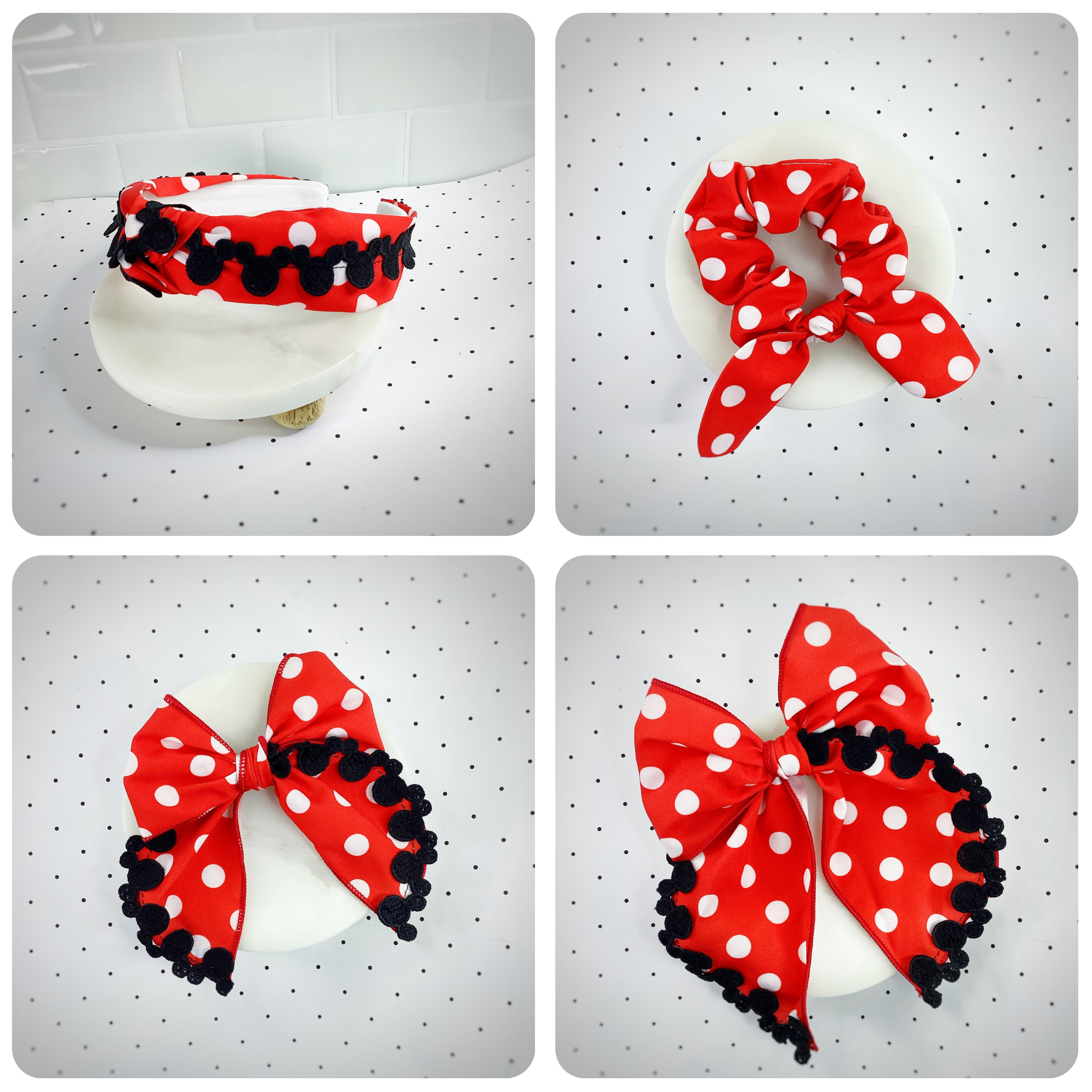 Red Polka Dot Mouse Bow Strip, Headband and Scrunchie Collection