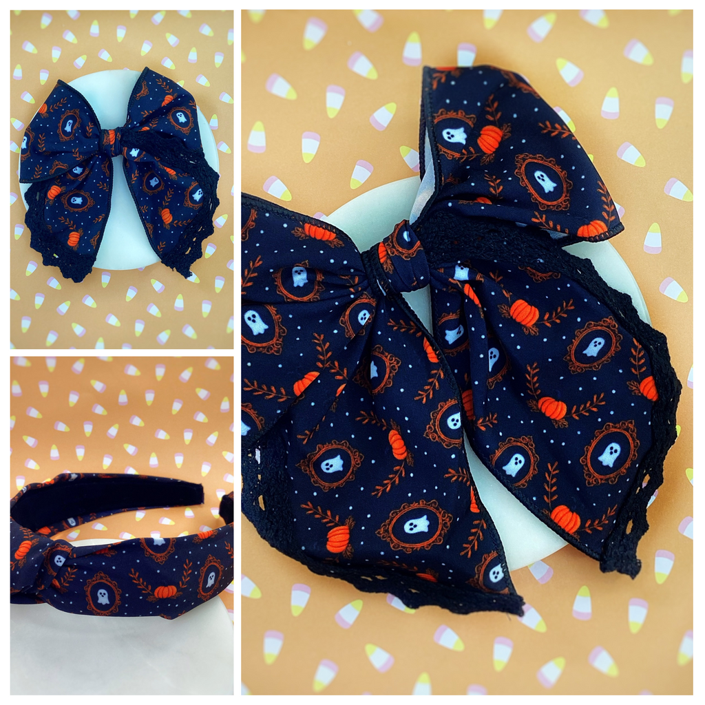 Framed Ghosts and Pumpkins Bow Strip, Headband and Scrunchie Collection