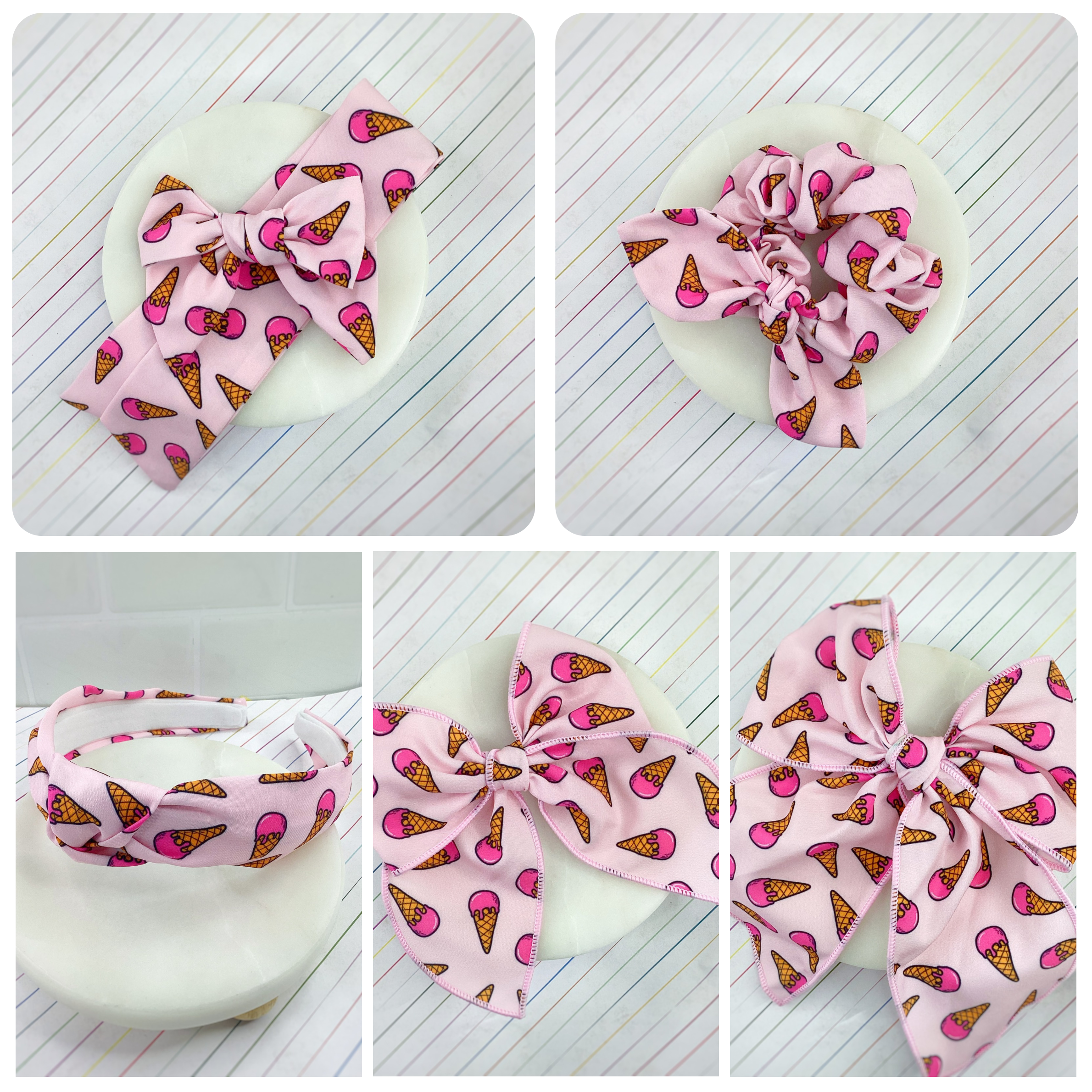 Pink Ice Cream Cones Bow Strip, Headband and Scrunchie Collection