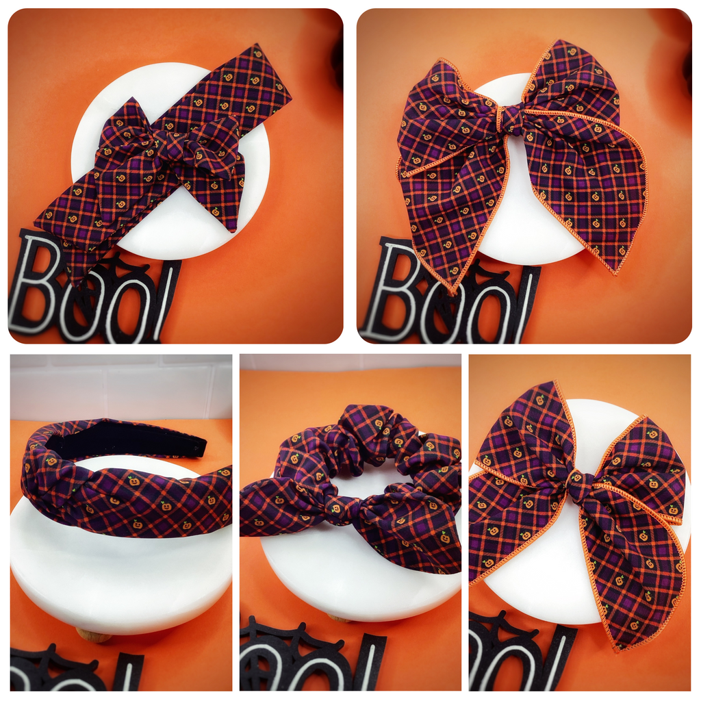 Pumpkin Plaid Bow Strip, Headband and Scrunchie Collection