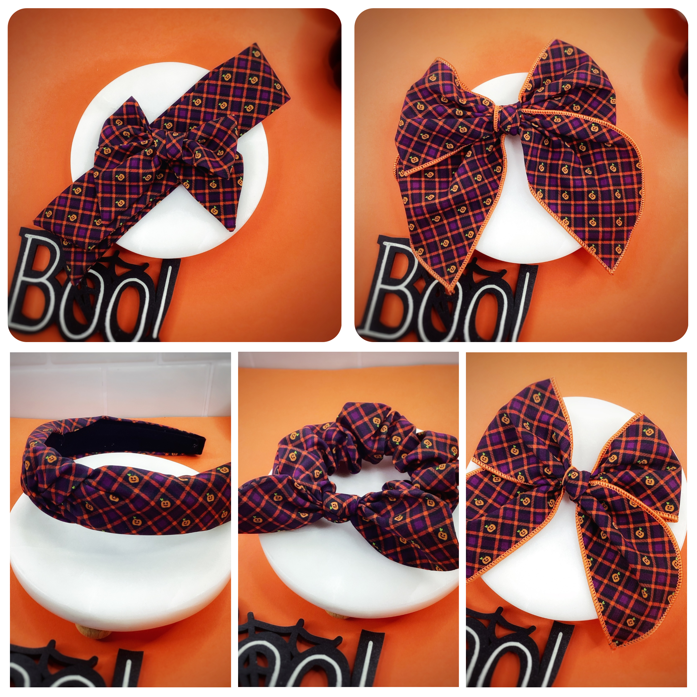 Pumpkin Plaid Bow Strip, Headband and Scrunchie Collection
