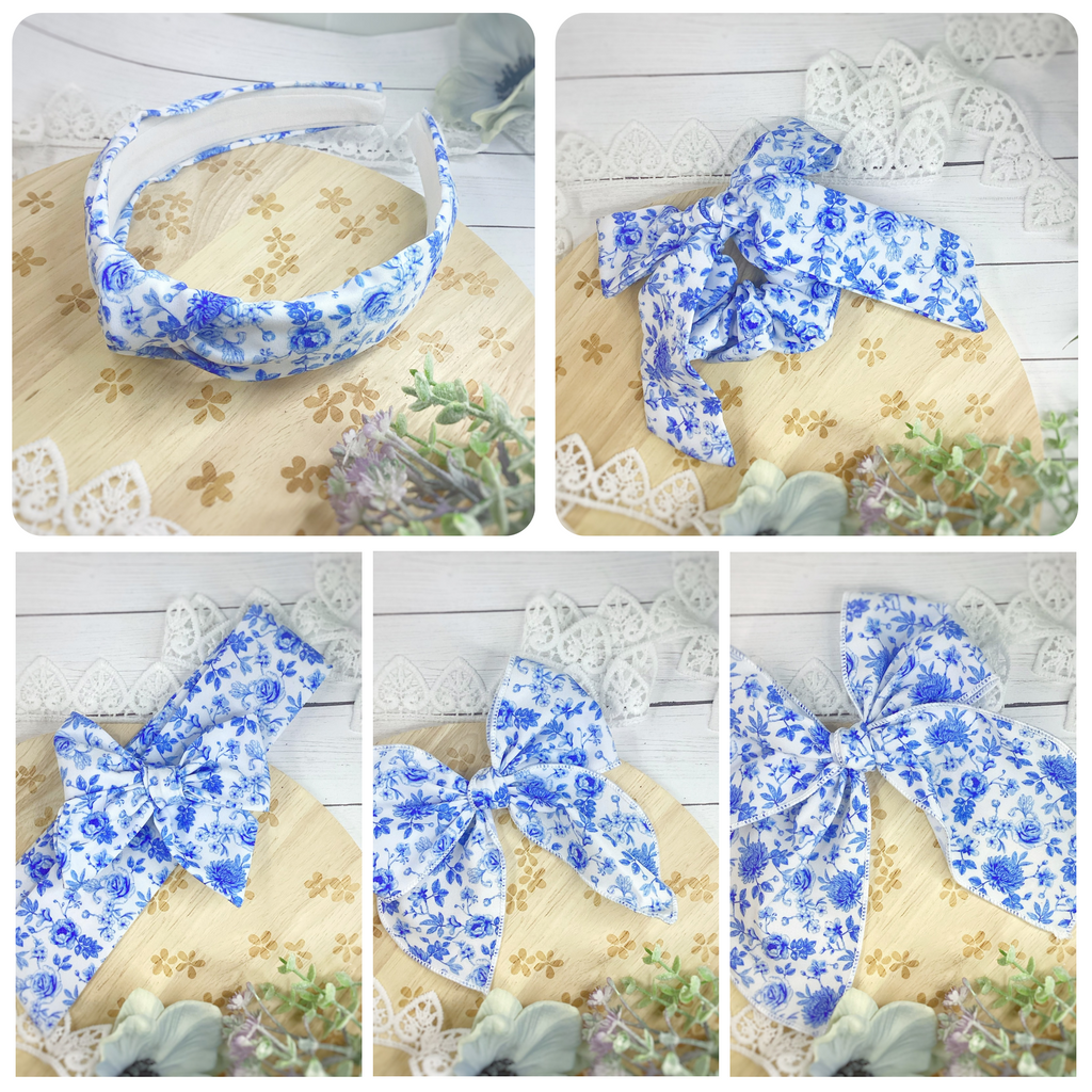 Blue Chinoise Bow Strip, Headband and Scrunchie Collection
