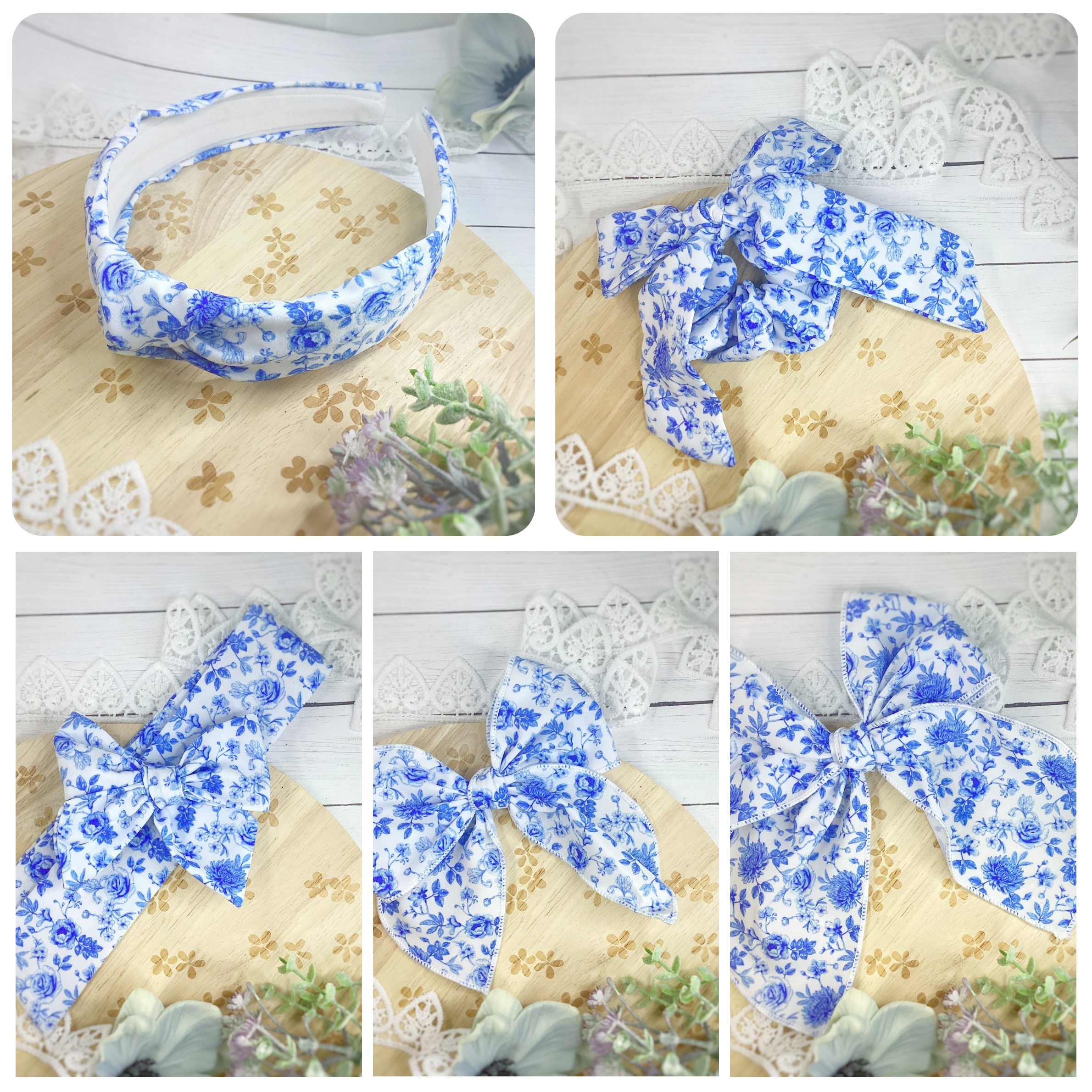 Blue Chinoise Bow Strip, Headband and Scrunchie Collection