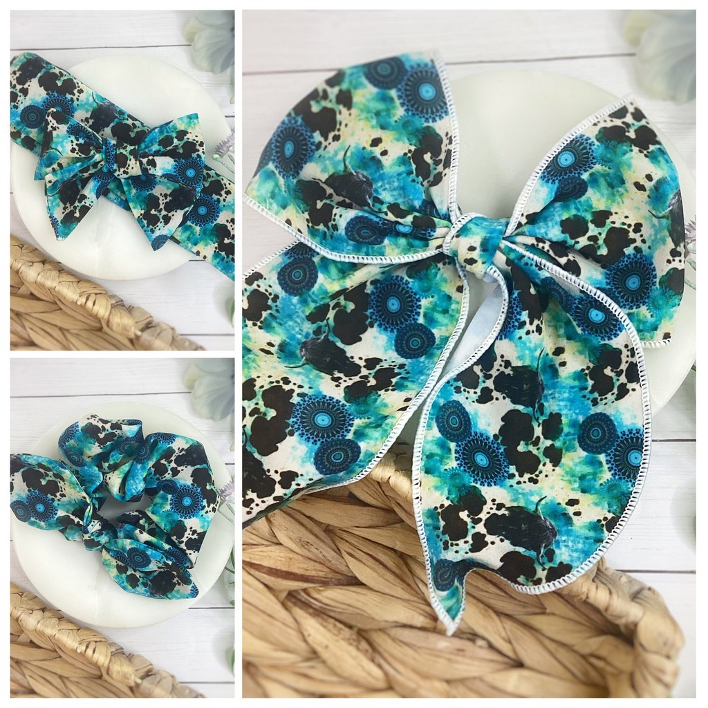 Dusty Western Cow Print Bow Strip and Scrunchie Collection