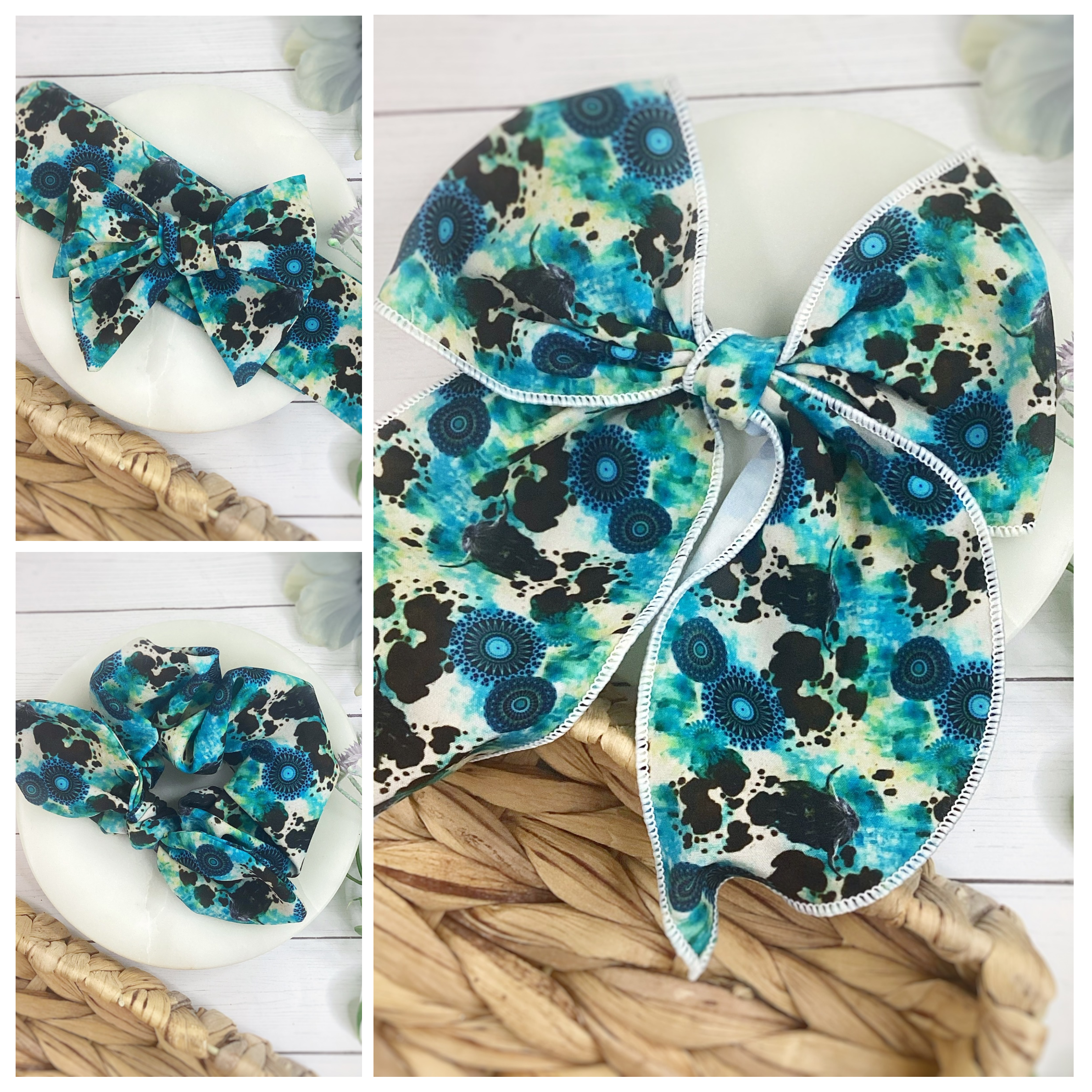Dusty Western Cow Print Bow Strip and Scrunchie Collection