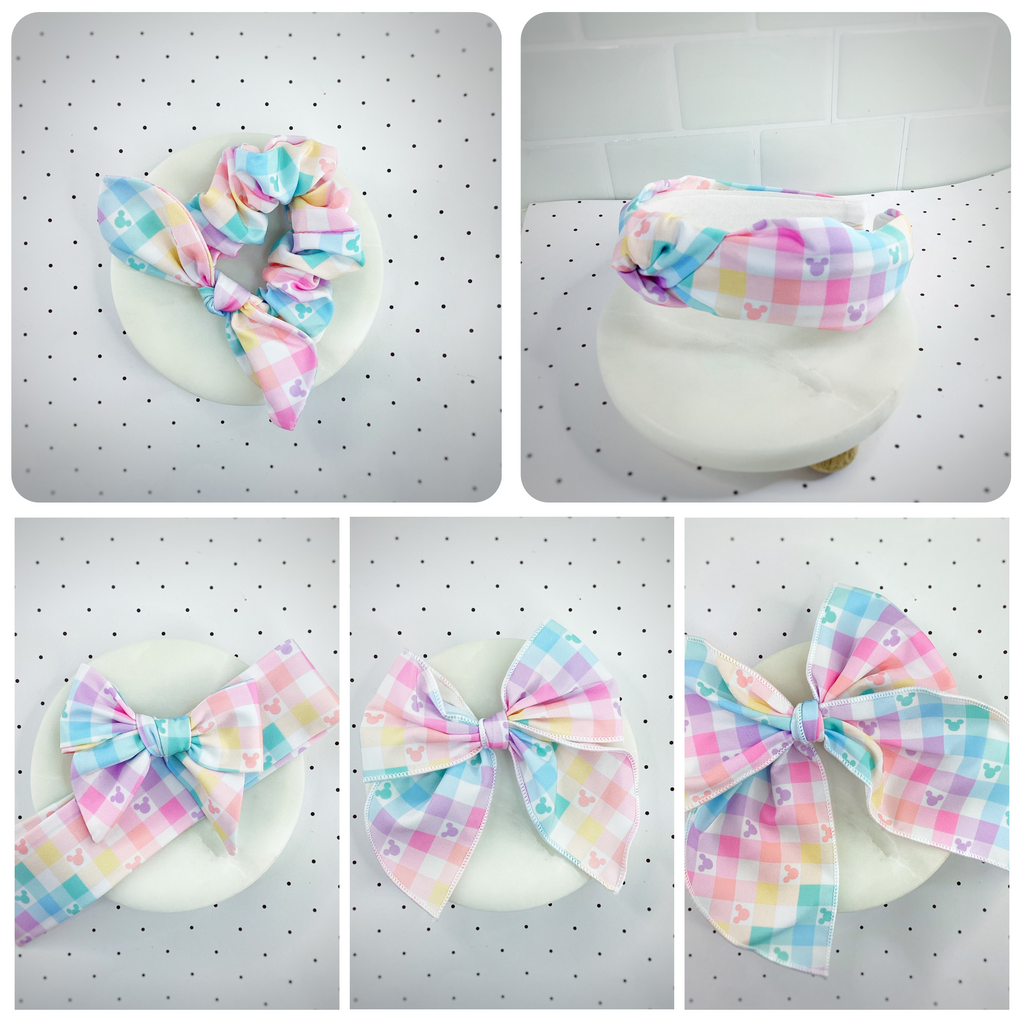 Mouse Pastel Gingham Bow Strip, Headband and Scrunchie Collection