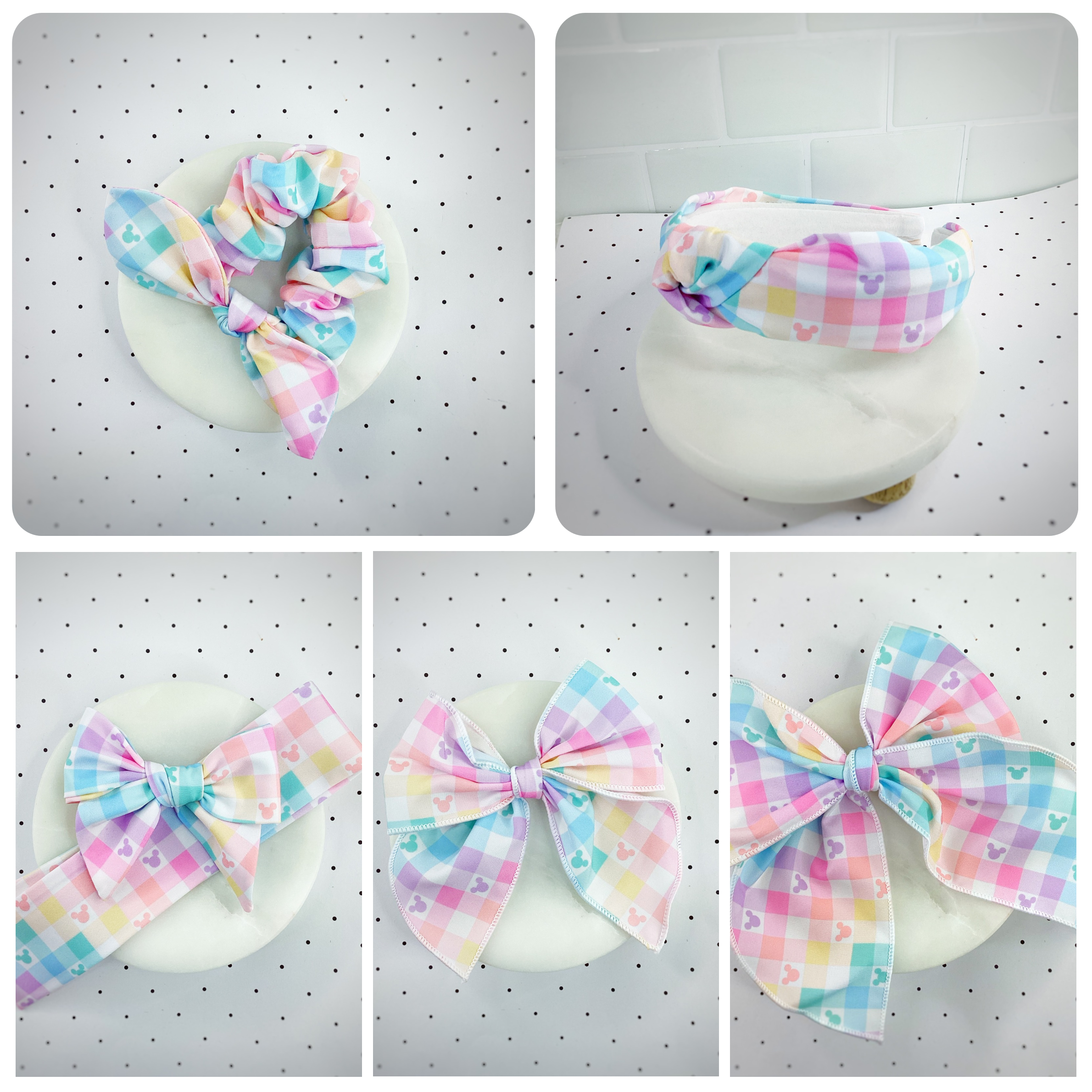 Mouse Pastel Gingham Bow Strip, Headband and Scrunchie Collection