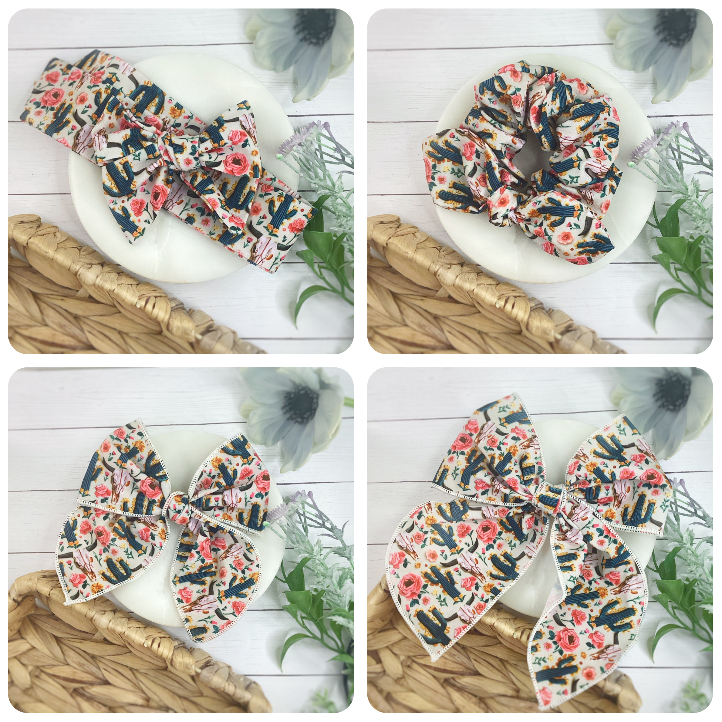 Longhorn Skulls and Cacti Bow Strip and Scrunchie Collection