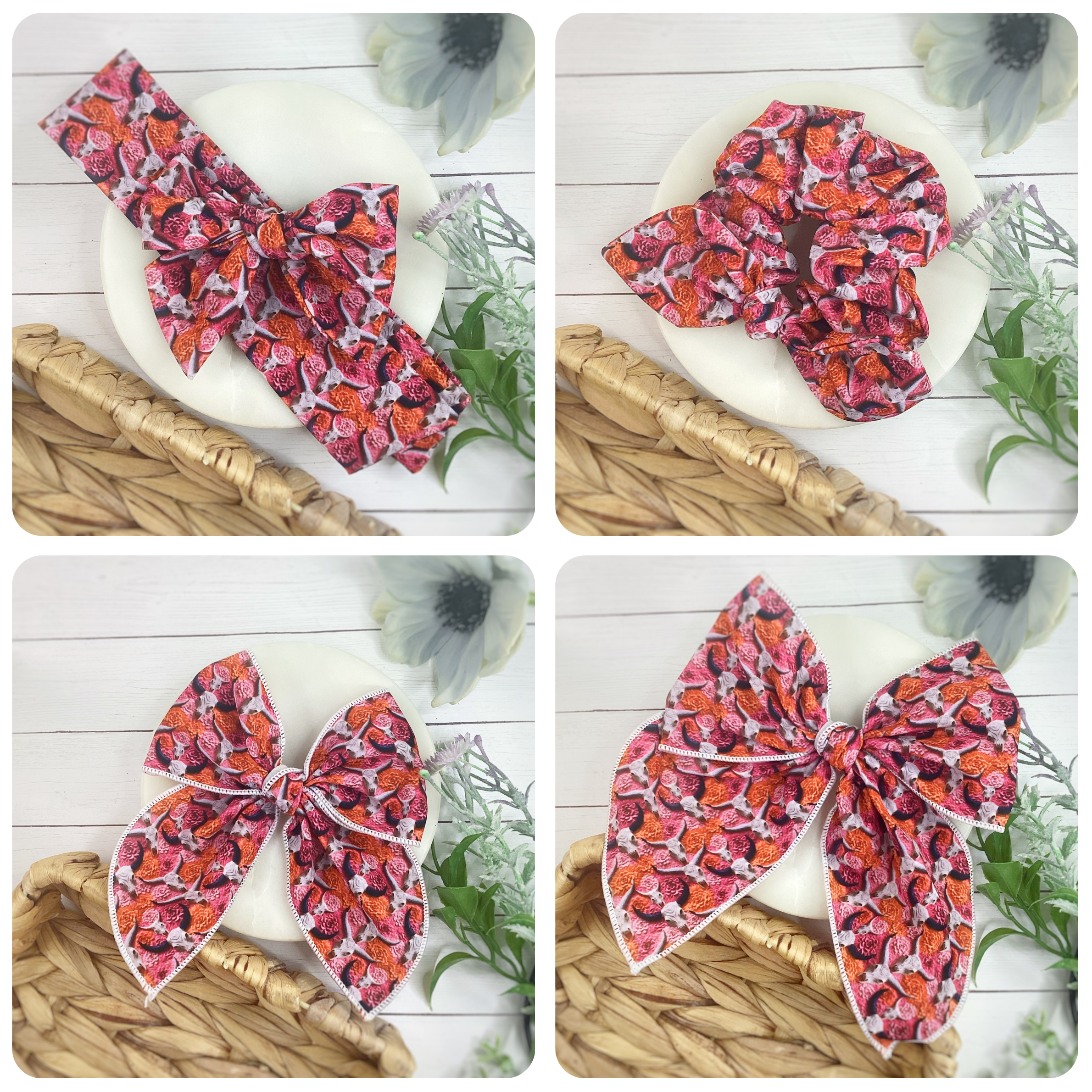Longhorns and Roses Bow Strip and Scrunchie Collection