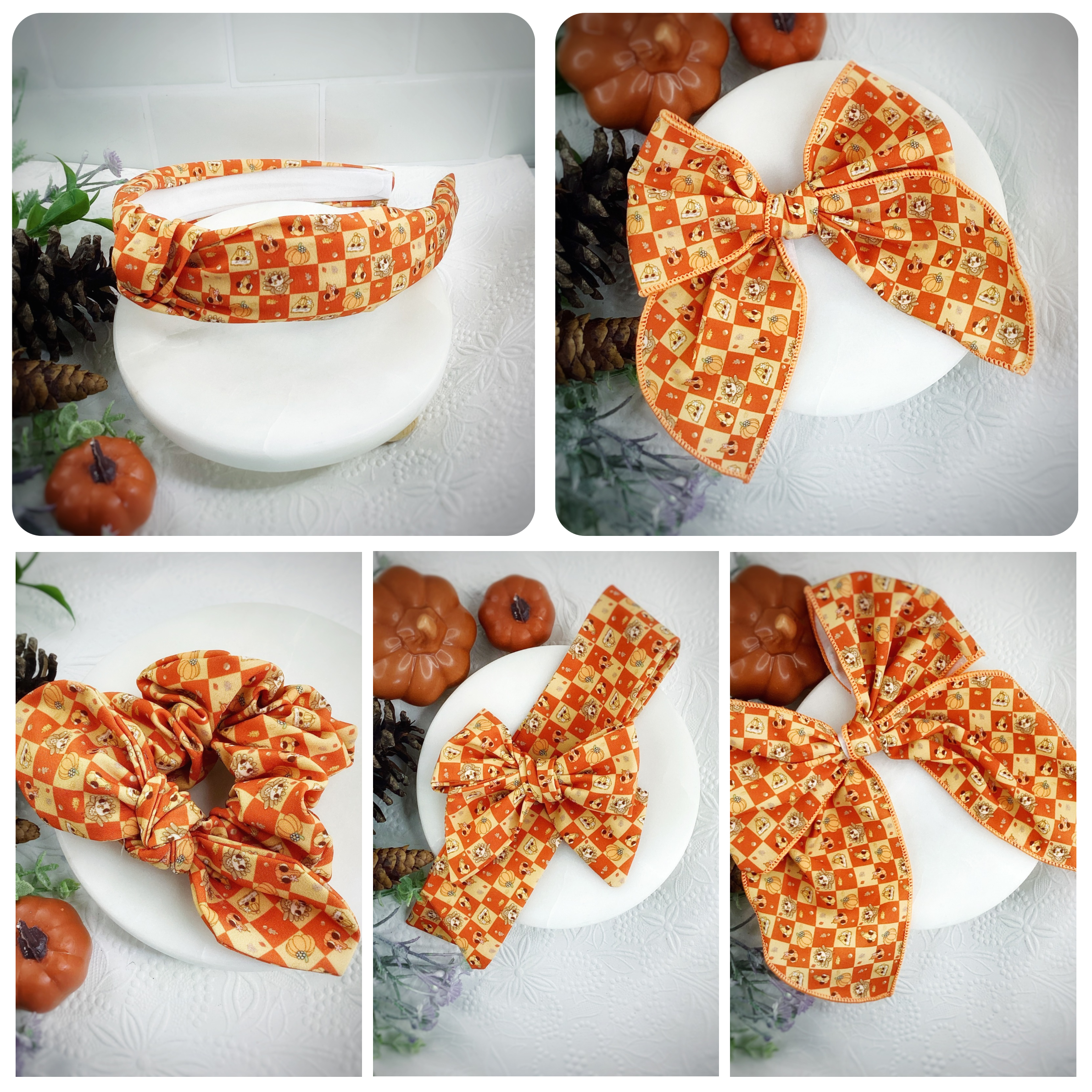 Thanksgiving Checker Bow Strip, Headband and Scrunchie Collection