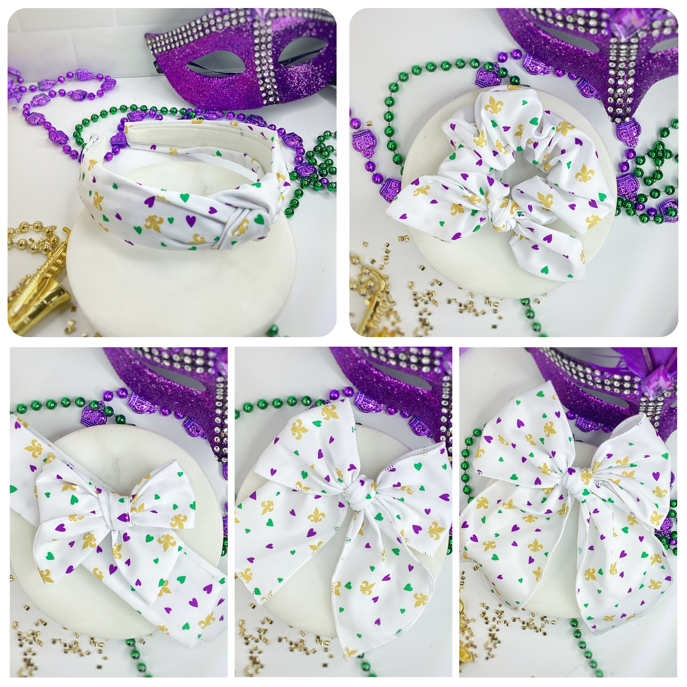 I Love Mardi Gras Bow Strip, Headband and Scrunchie Collection