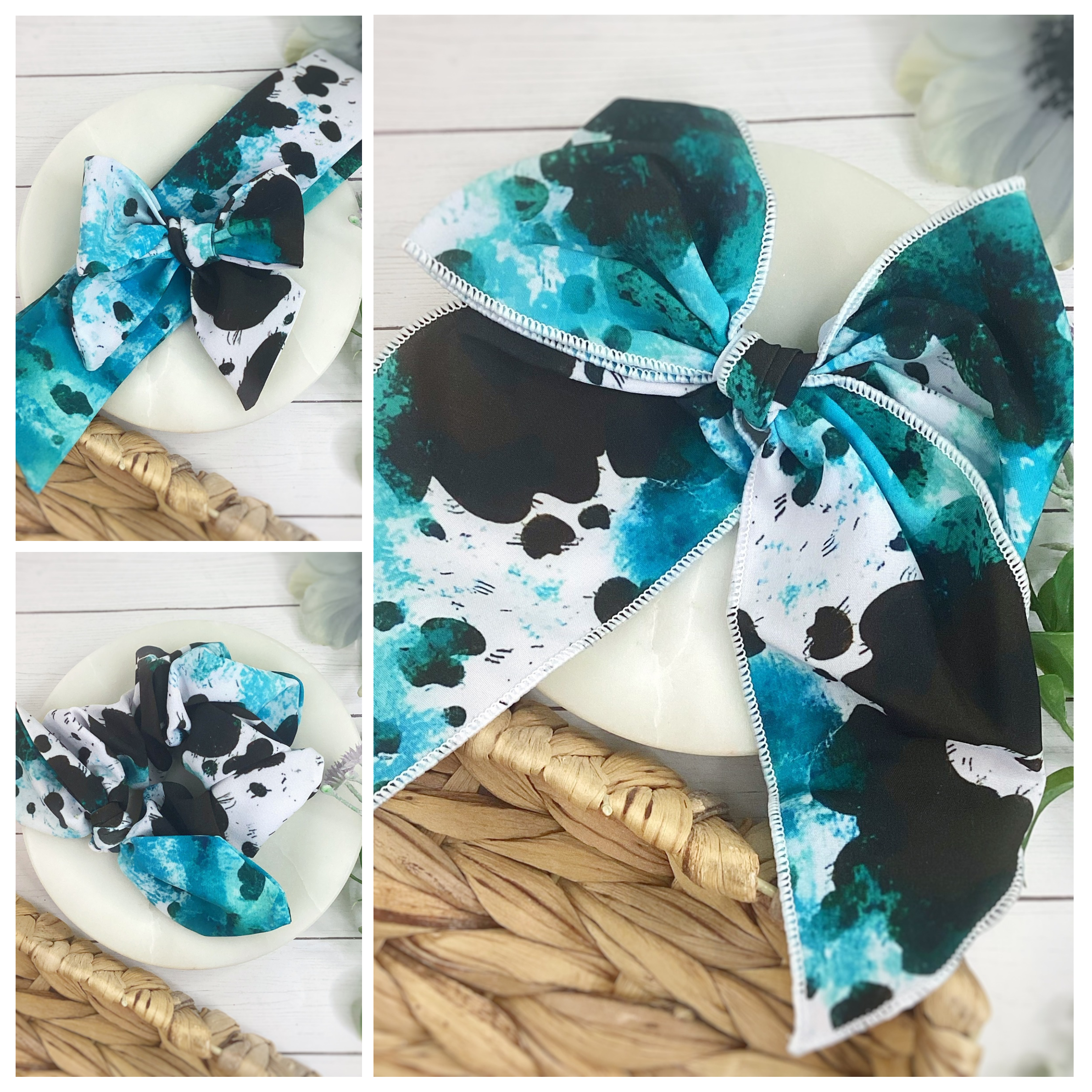 Turquoise Western Cow Print Bow Strip and Scrunchie Collection