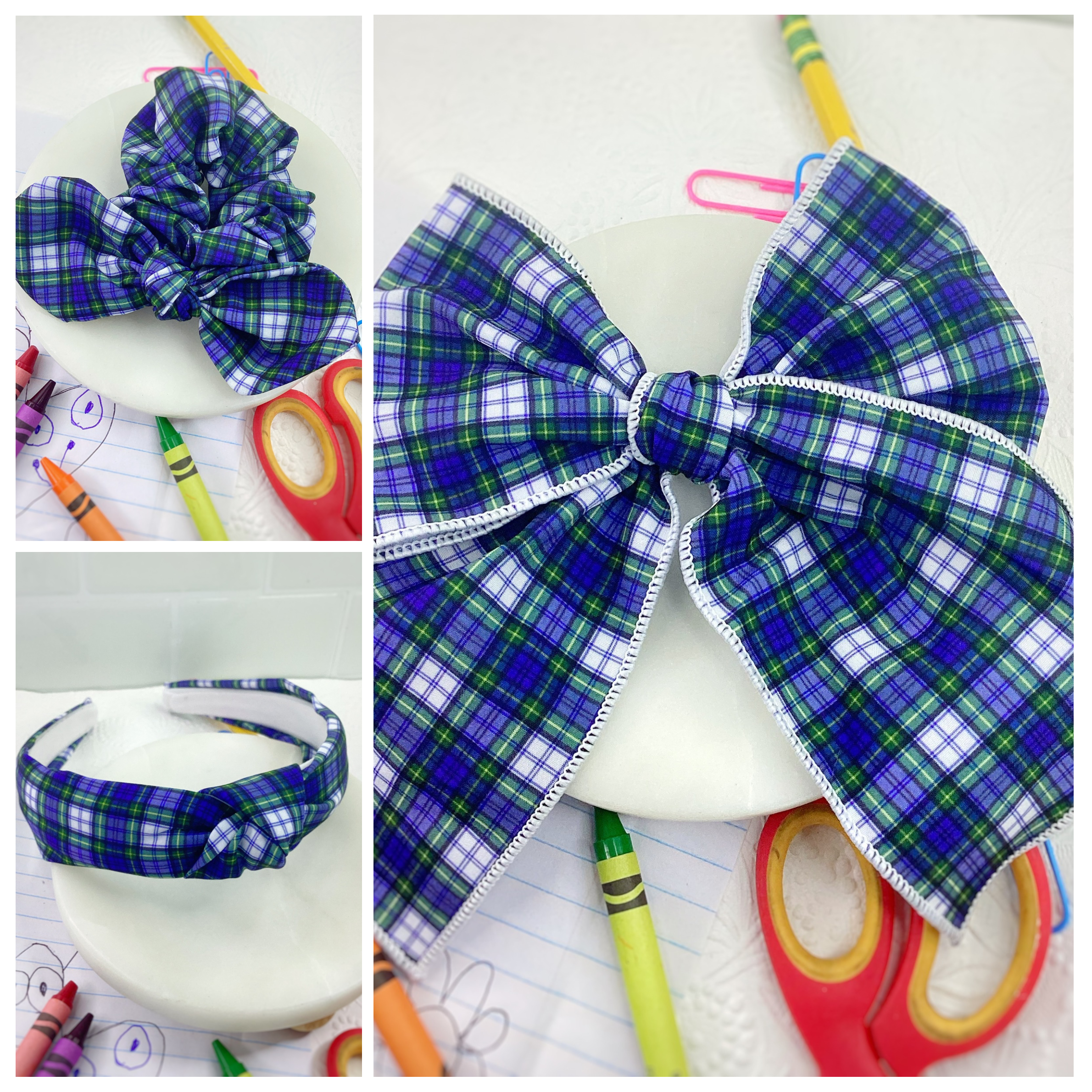 School Uniform Plaid Bow Strip, Headband and Scrunchie Collection