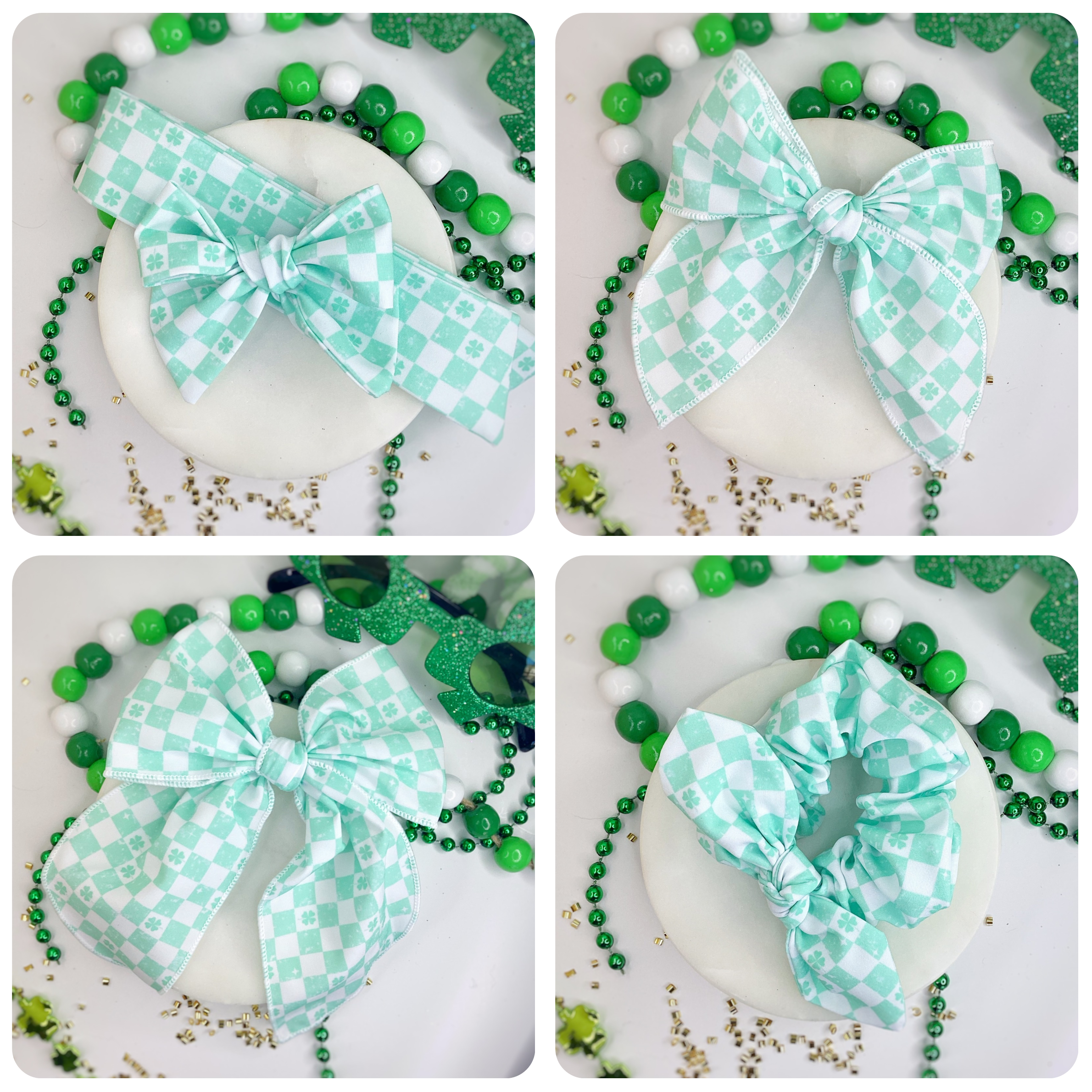 Checkered Shamrocks Bow Strip and Scrunchie Collection